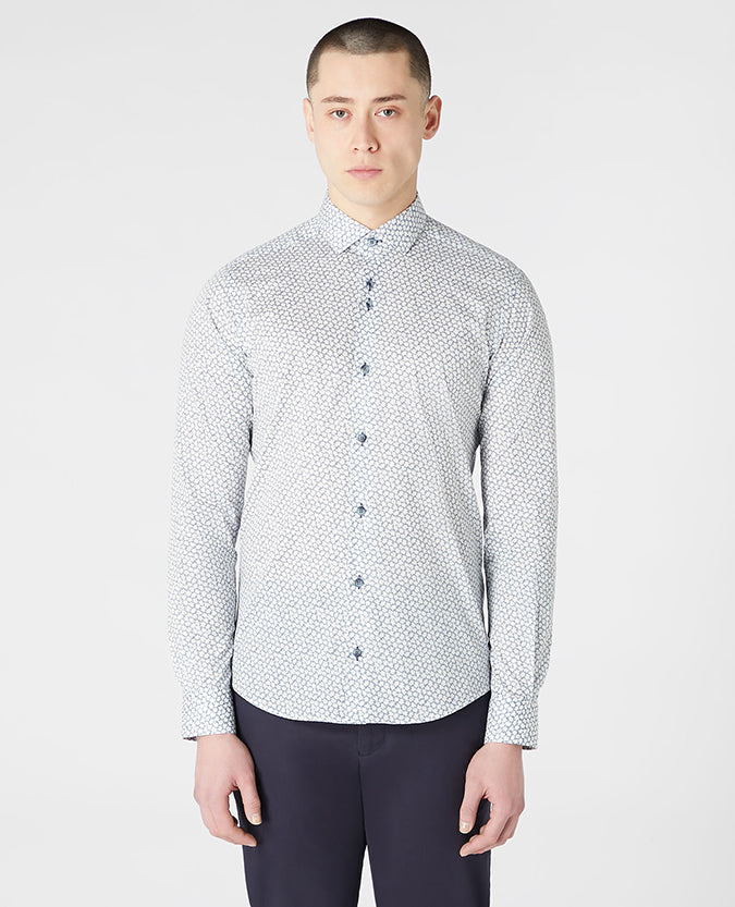 Tapered Fit Print Cotton-Stretch Shirt