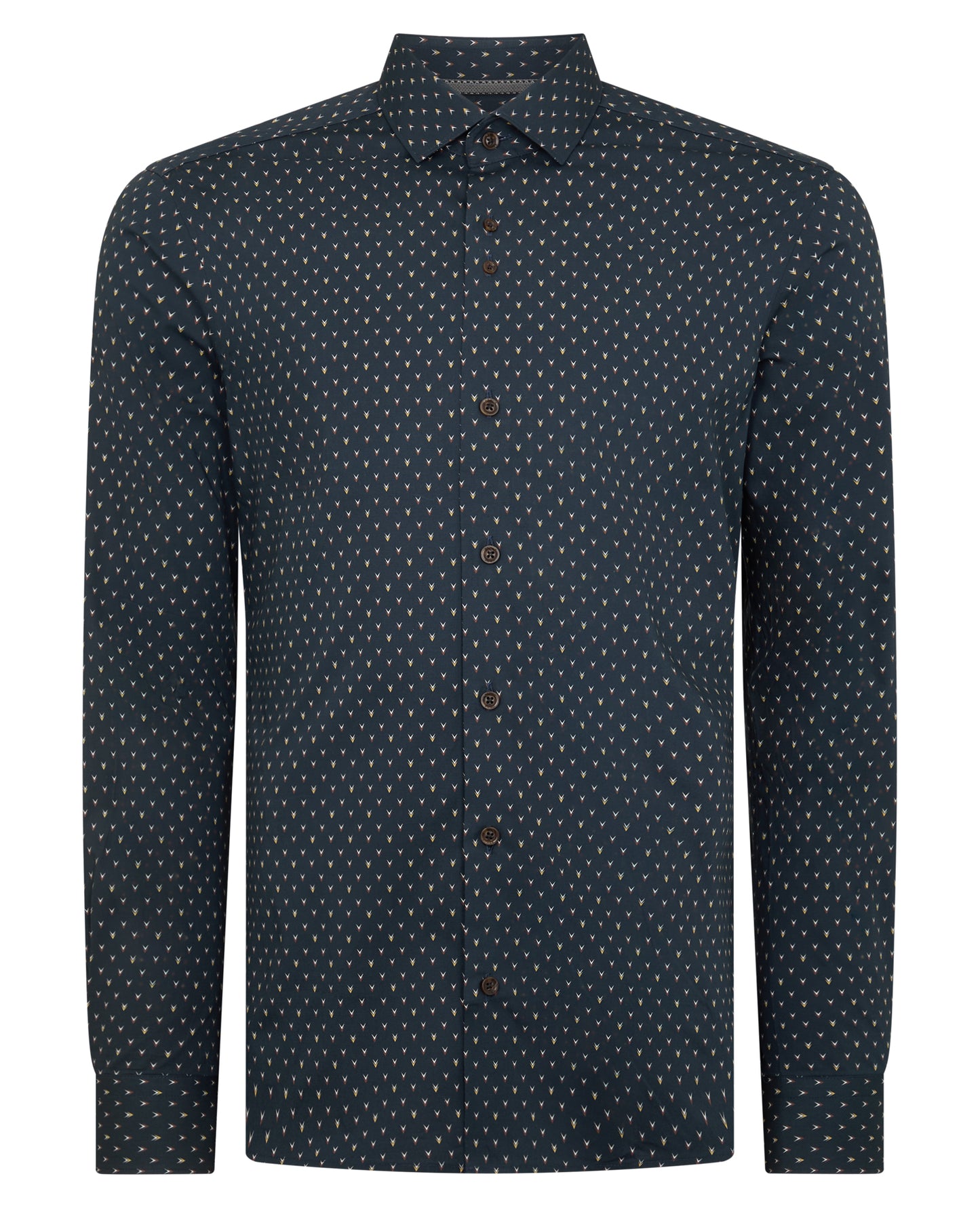 Man wearing a navy Slim Fit Printed Cotton-Stretch Shirt
