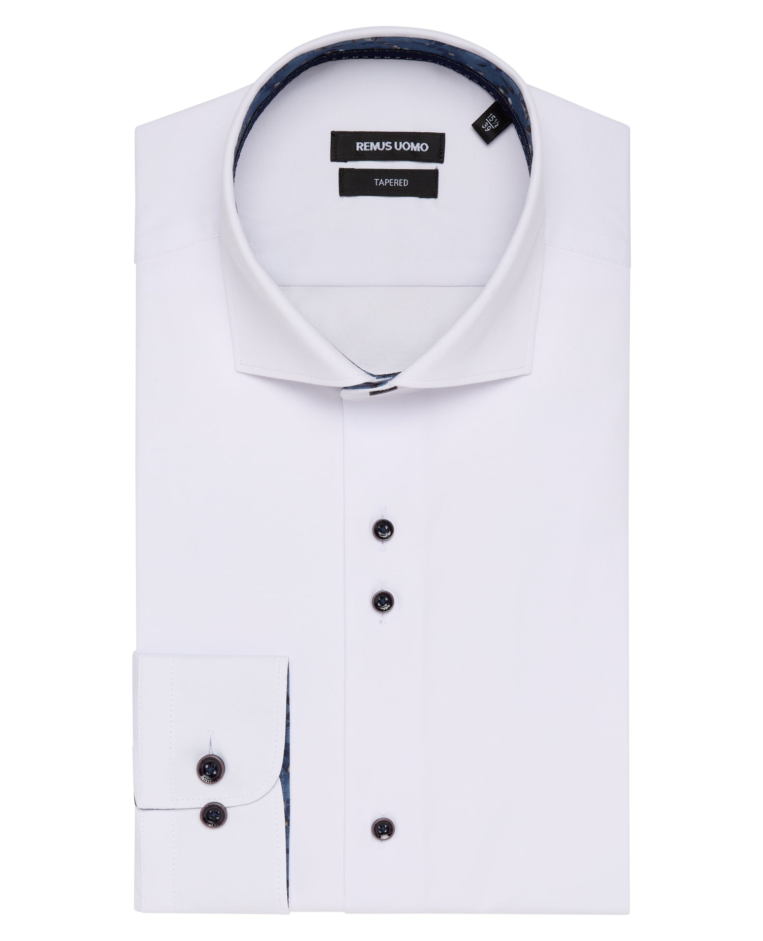 Man wearing a white Tapered Fit Cotton-Blend Stretch Shirt