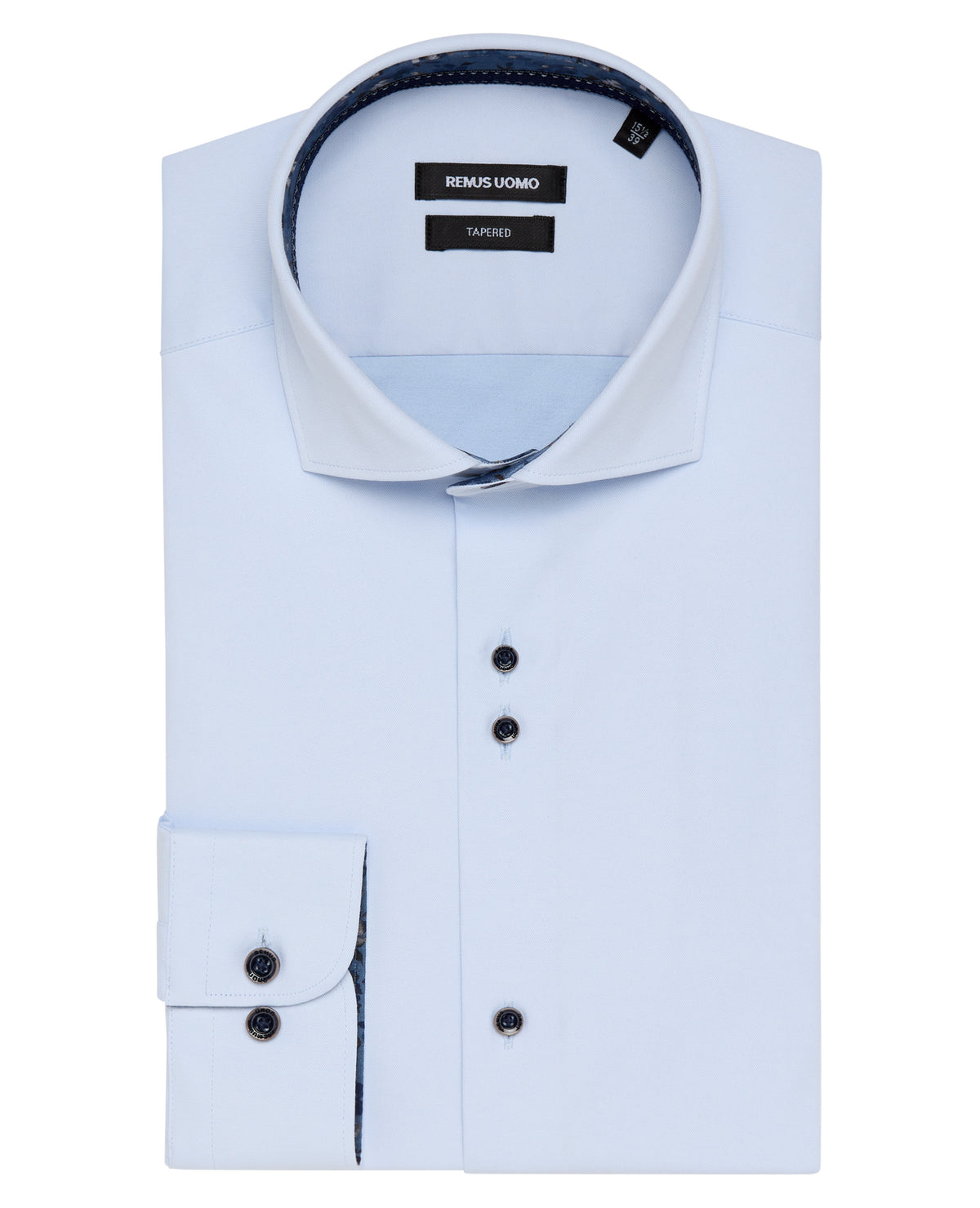 Man wearing a blue Tapered Fit Cotton-Blend Stretch Shirt