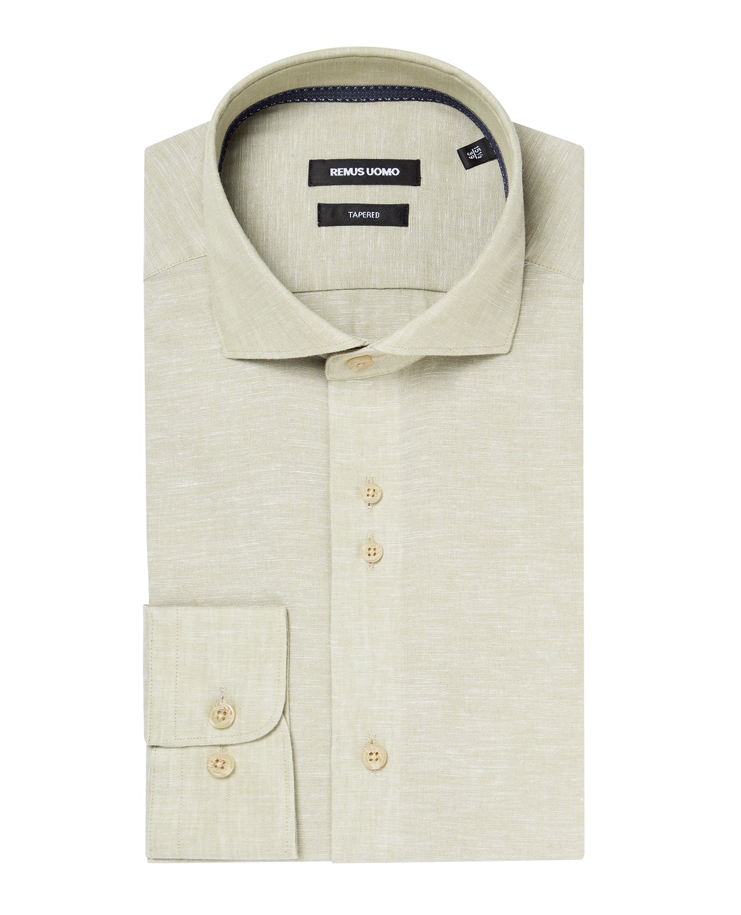 Man wearing a green Tapered Fit Cotton-Linen Blend Shirt