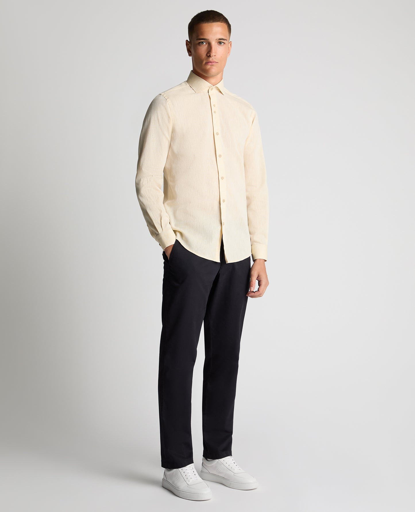 Man wearing a orange Tapered Fit Cotton-Linen Blend Shirt