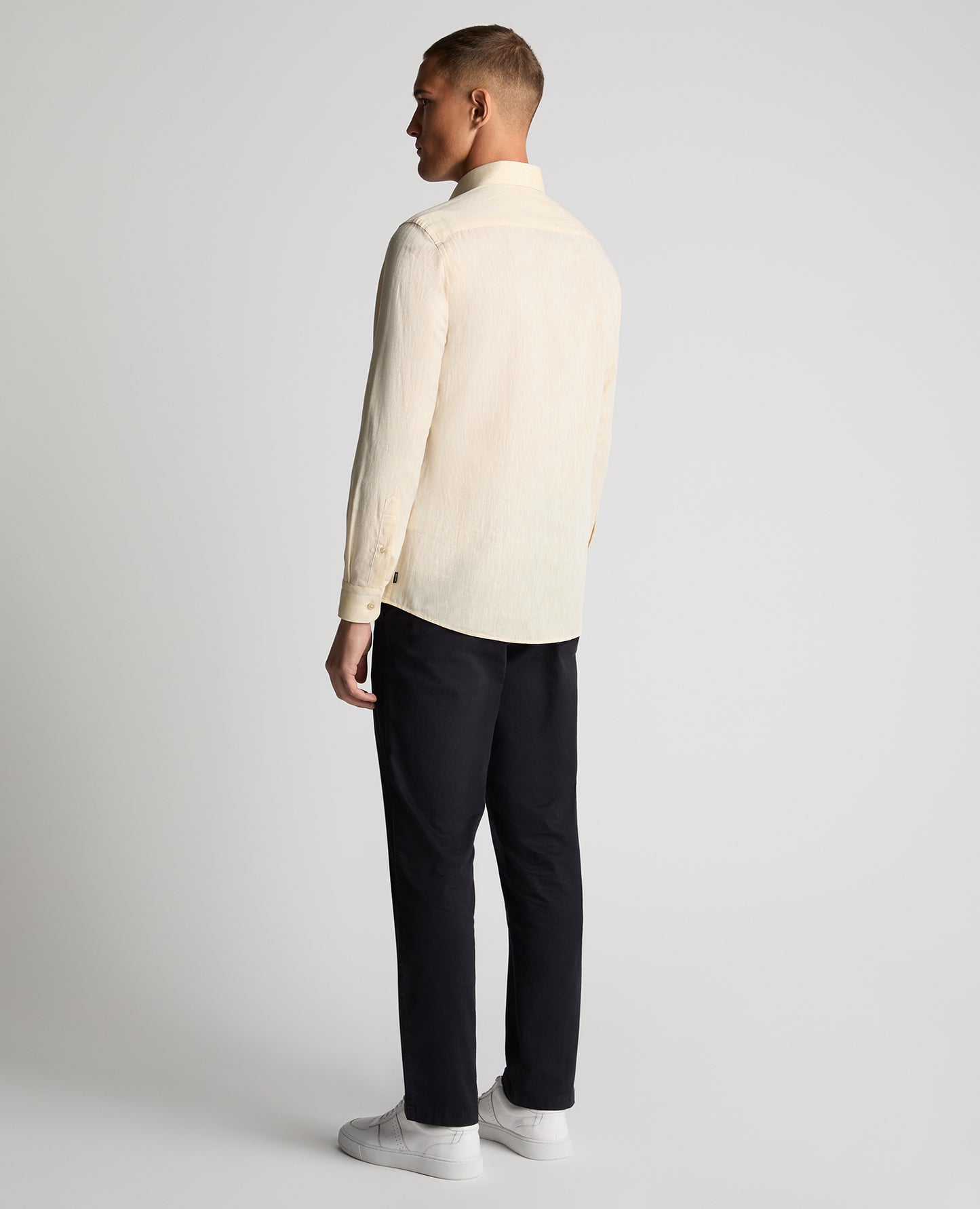Man wearing a orange Tapered Fit Cotton-Linen Blend Shirt
