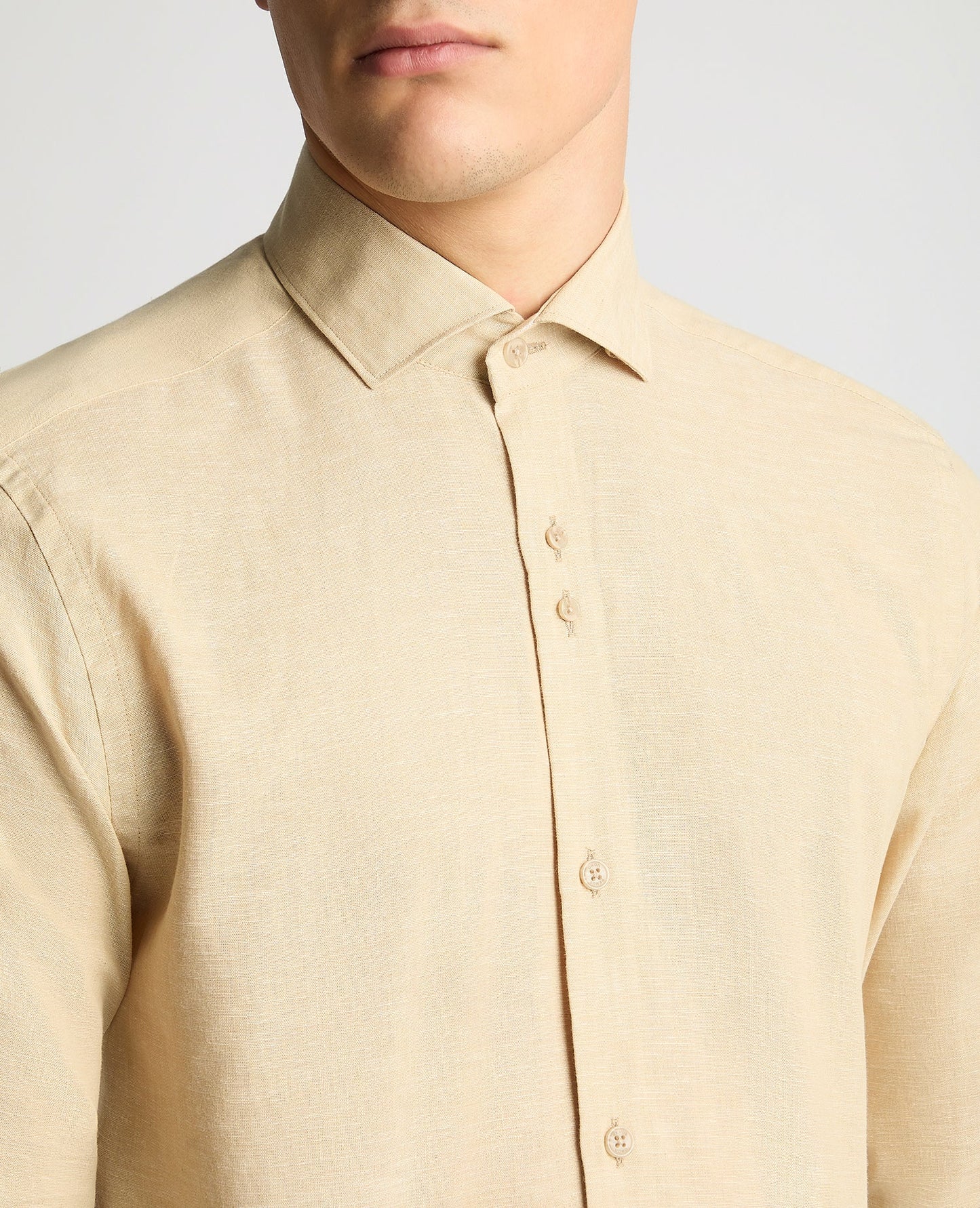 Man wearing a sand Tapered Fit Cotton Linen Mix Shirt