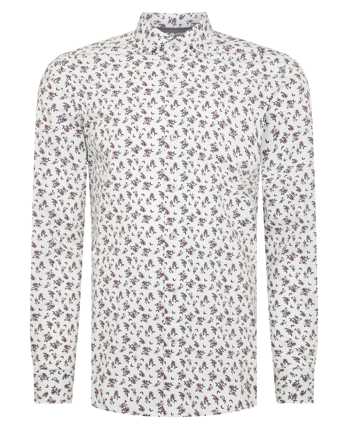 Man wearing a navy Tapered Fit Floral Cotton-Stretch Shirt