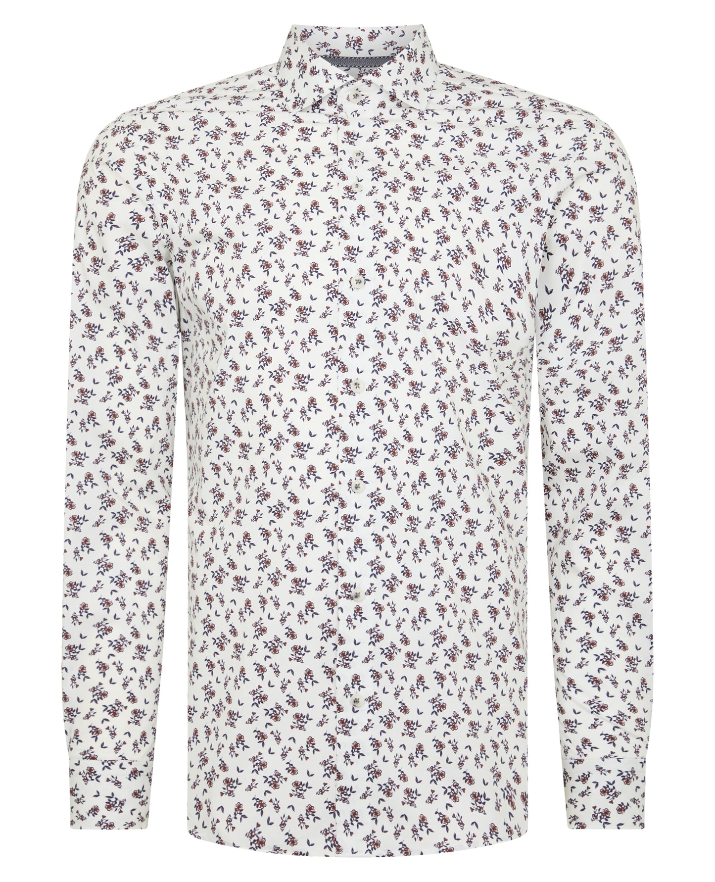 Man wearing a navy Tapered Fit Floral Cotton-Stretch Shirt