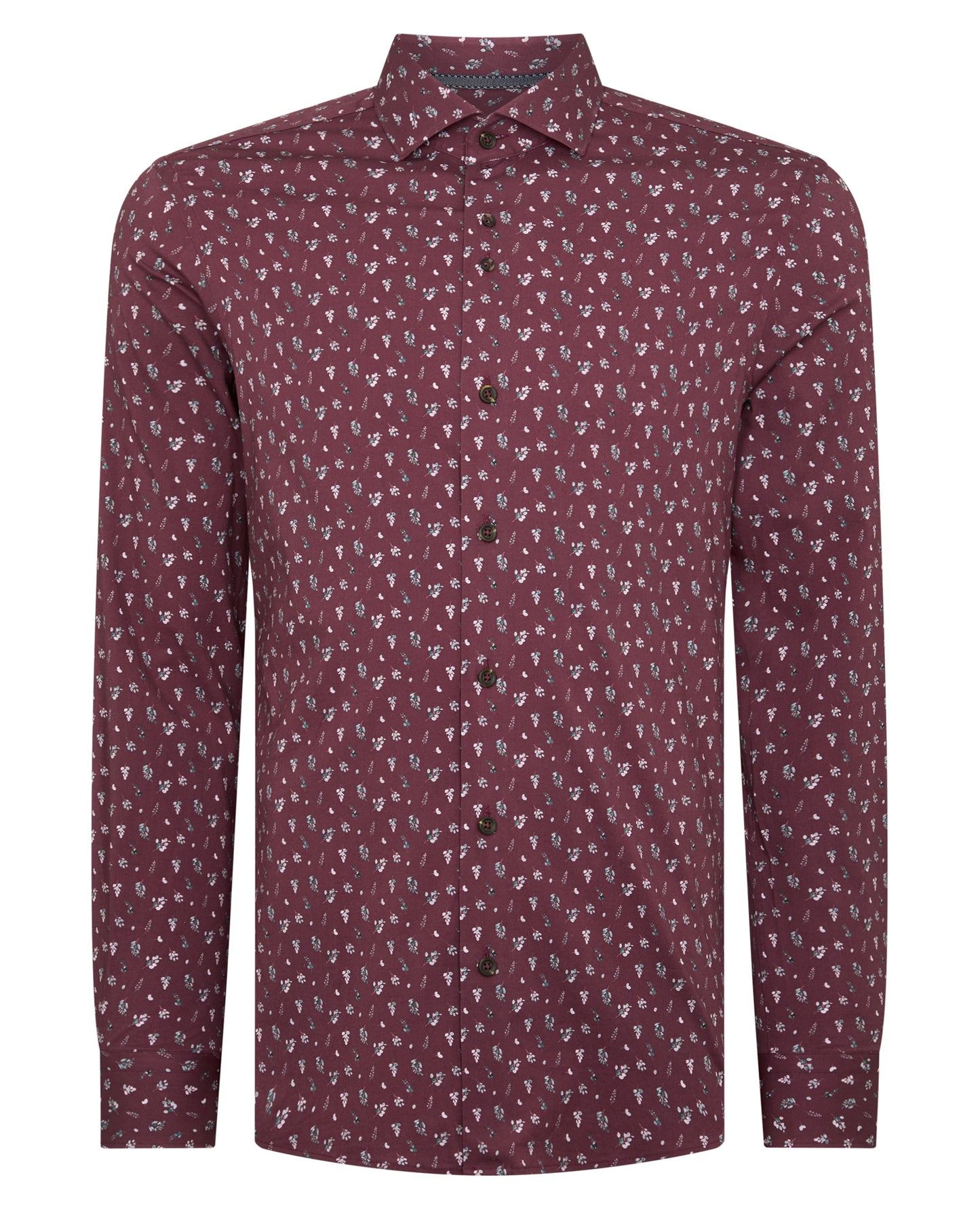 Man wearing a red Tapered Fit Floral Cotton-Stretch Shirt