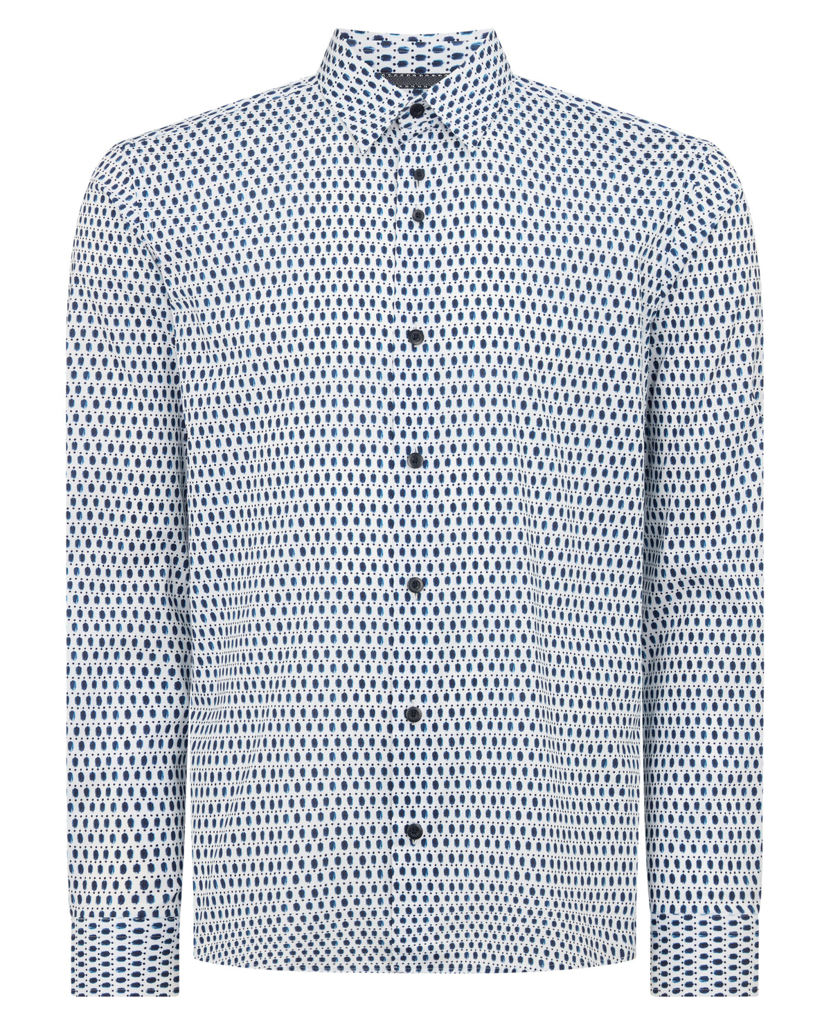 Man wearing a navy Regular Fit Print Cotton-Stretch Shirt