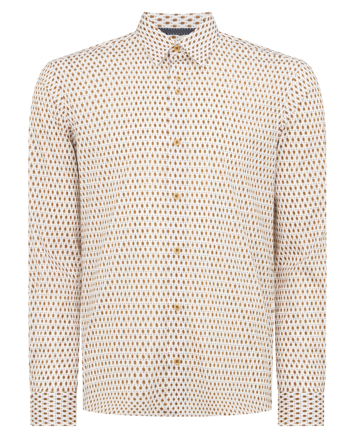 Man wearing a navy Regular Fit Print Cotton-Stretch Shirt