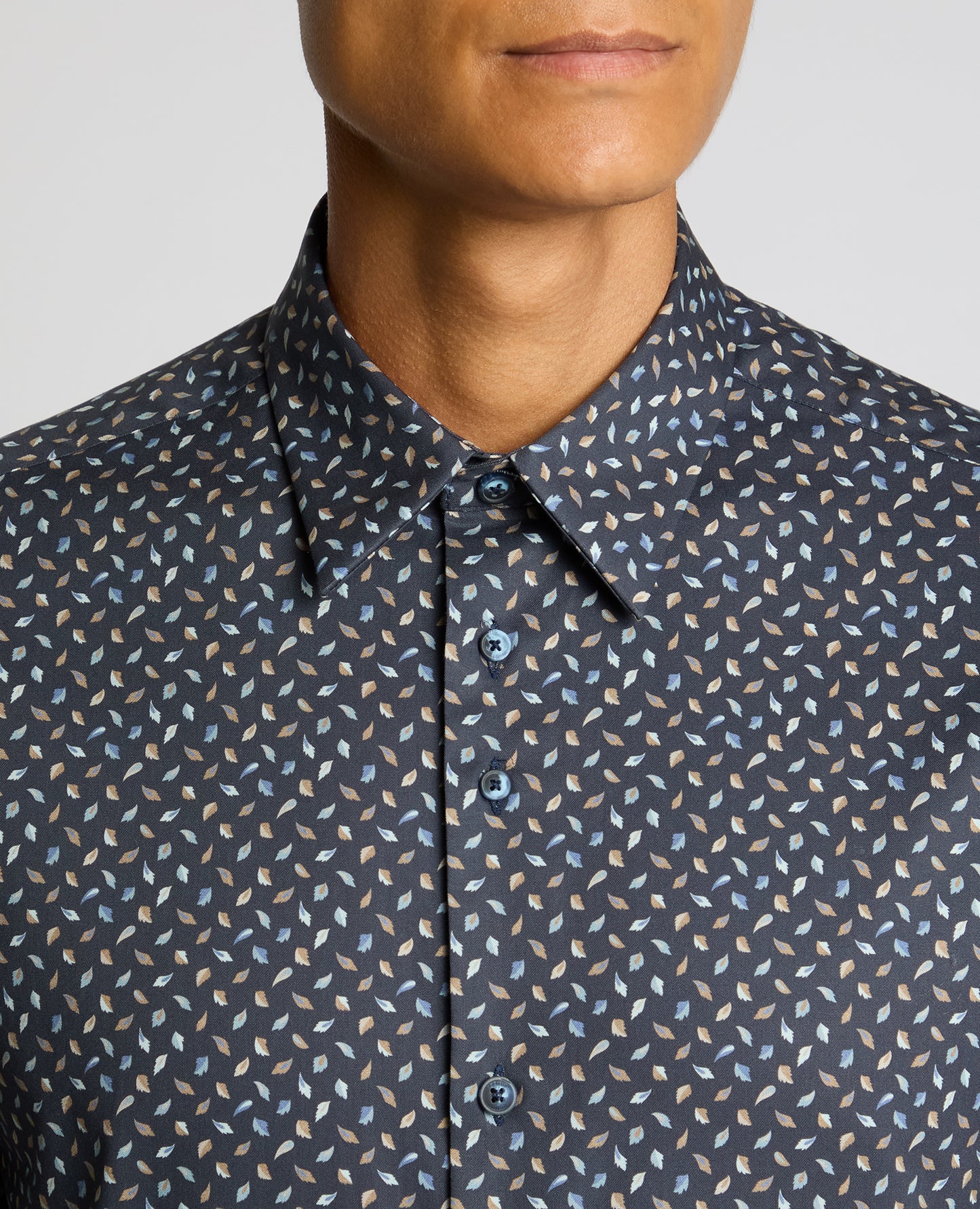 Man wearing a navy Regular Fit Print Cotton Shirt