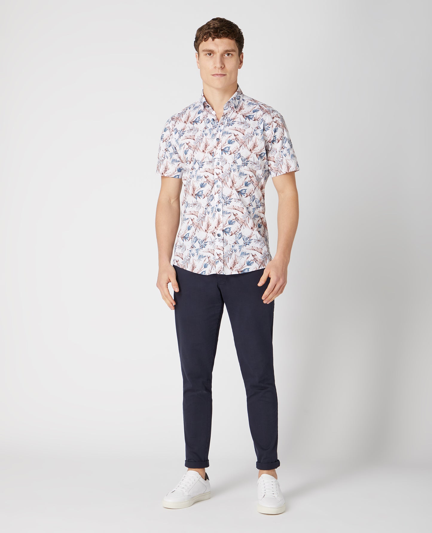 Tapered Fit Print Cotton Stretch Short Sleeve Shirt