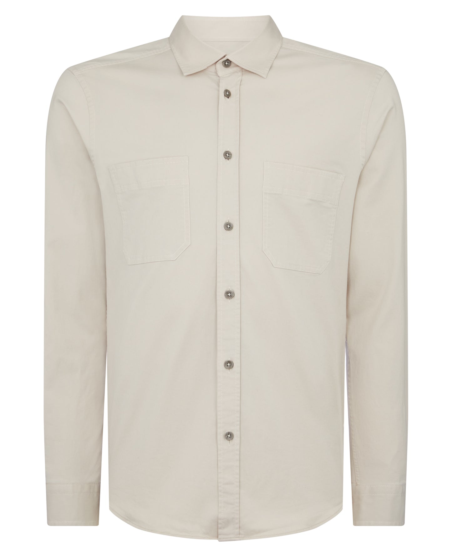 Man wearing a sand Tapered Fit Cotton Stretch Shirt