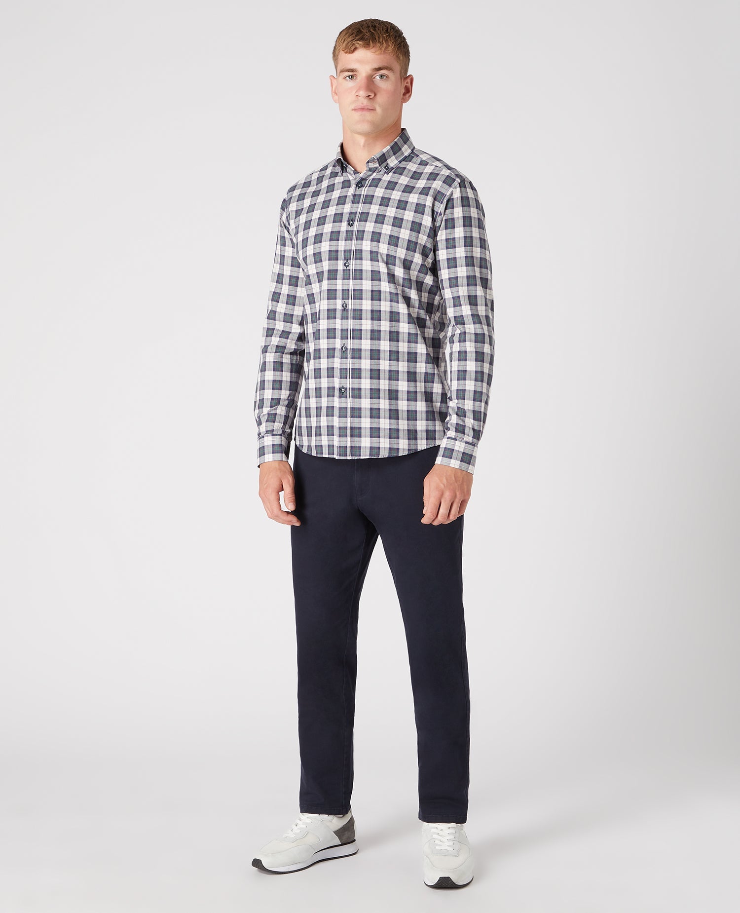 Man wearing a green Tapered Fit Check Cotton Shirt