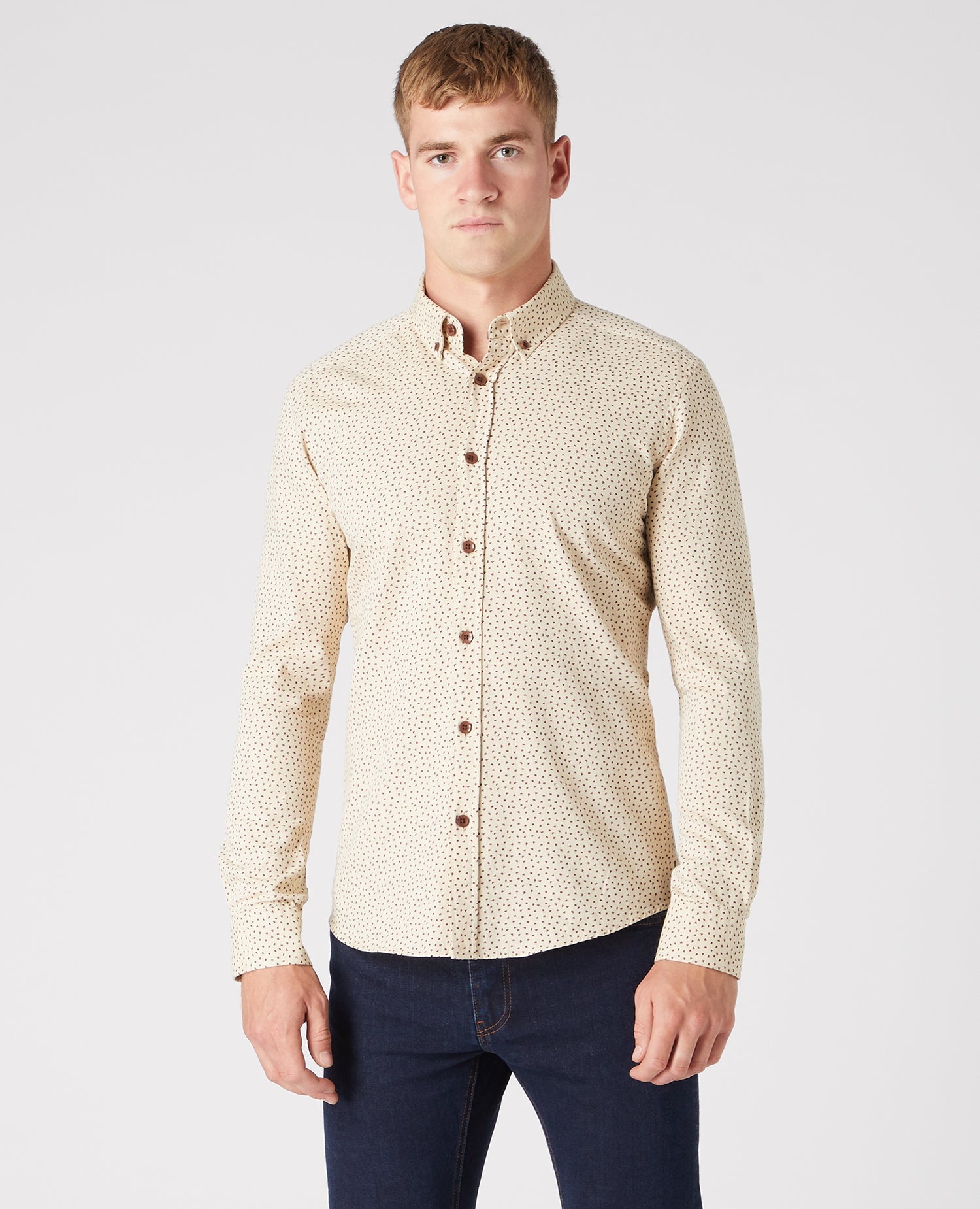 Man wearing a sand Slim Fit Print Cotton Shirt