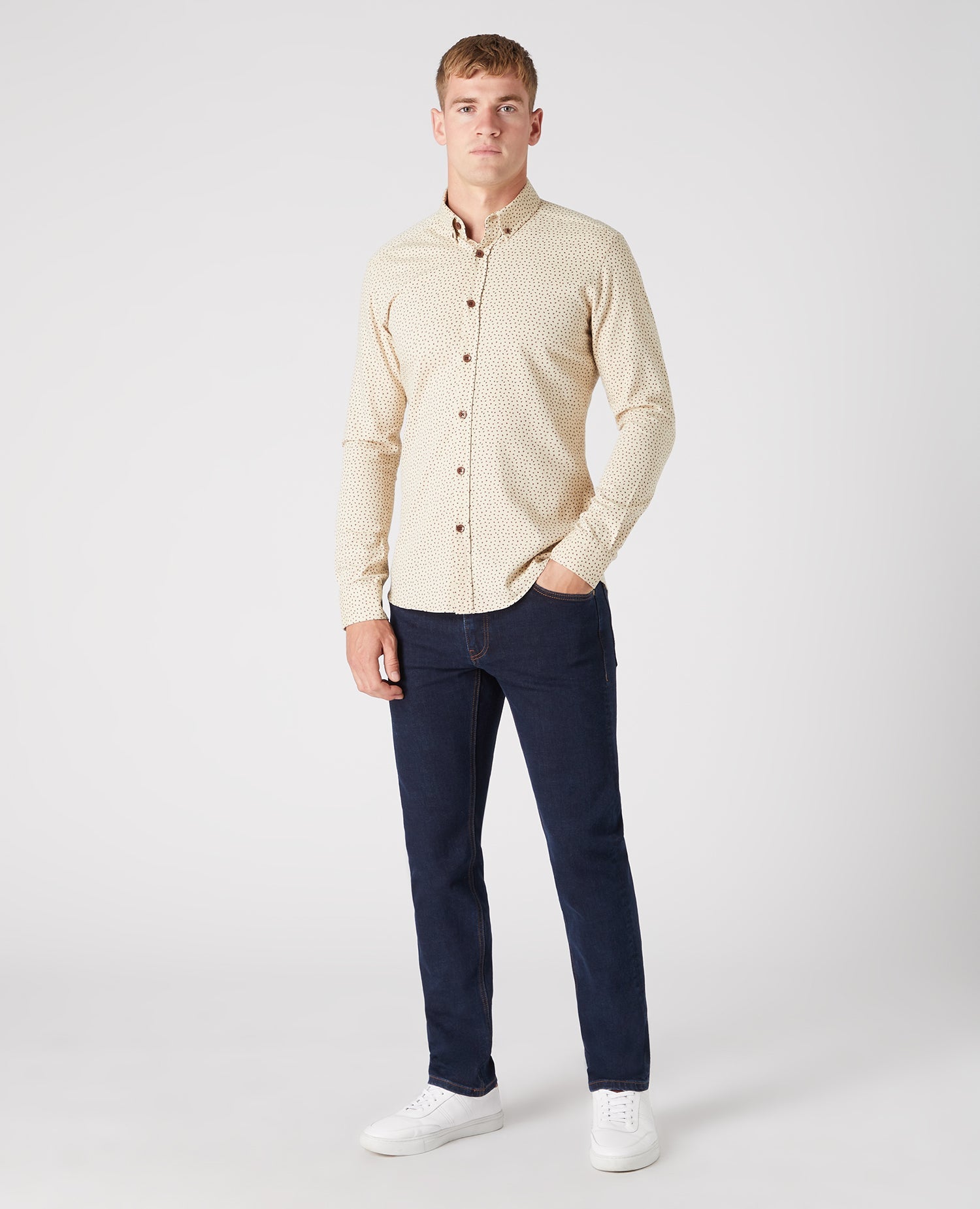Man wearing a sand Slim Fit Print Cotton Shirt
