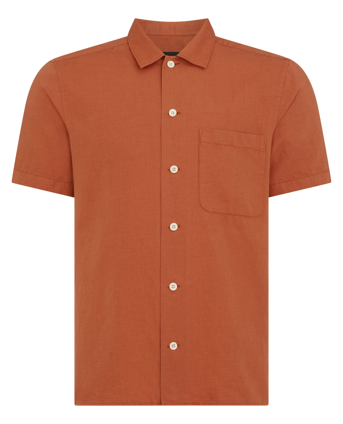 Man wearing a orange Tapered Fit Linen-Blend Short Sleeve Shirt
