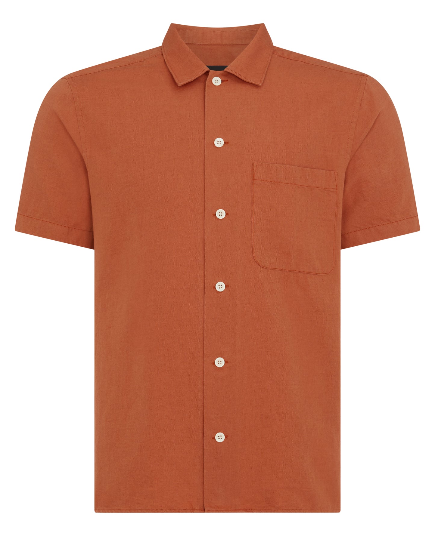 Man wearing a orange Tapered Fit Linen-Blend Short Sleeve Shirt