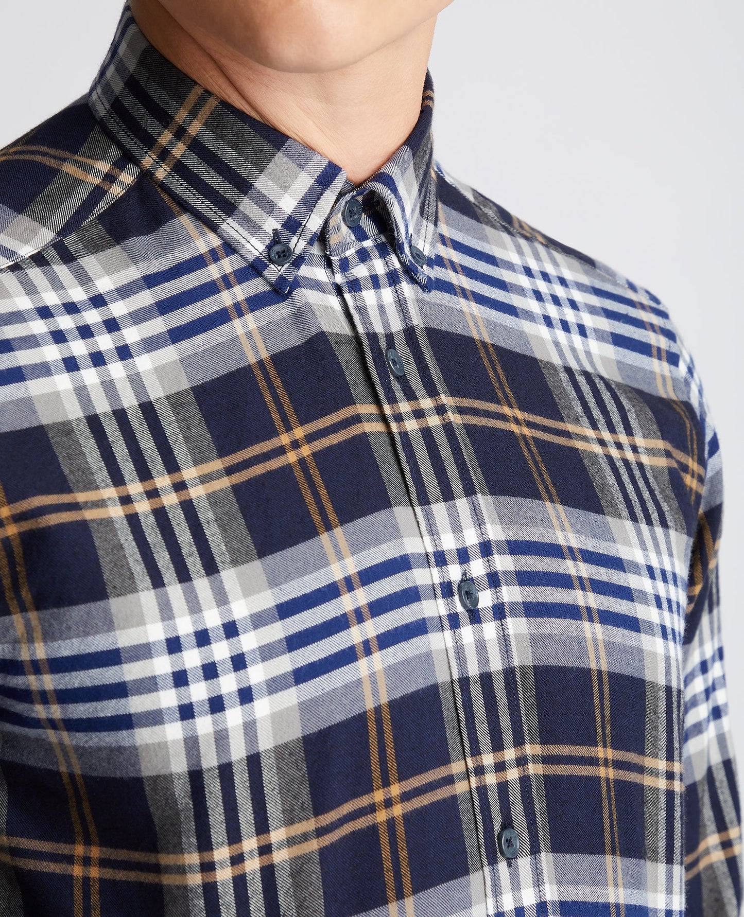 Man wearing a blue Slim Fit Checked Cotton Shirt