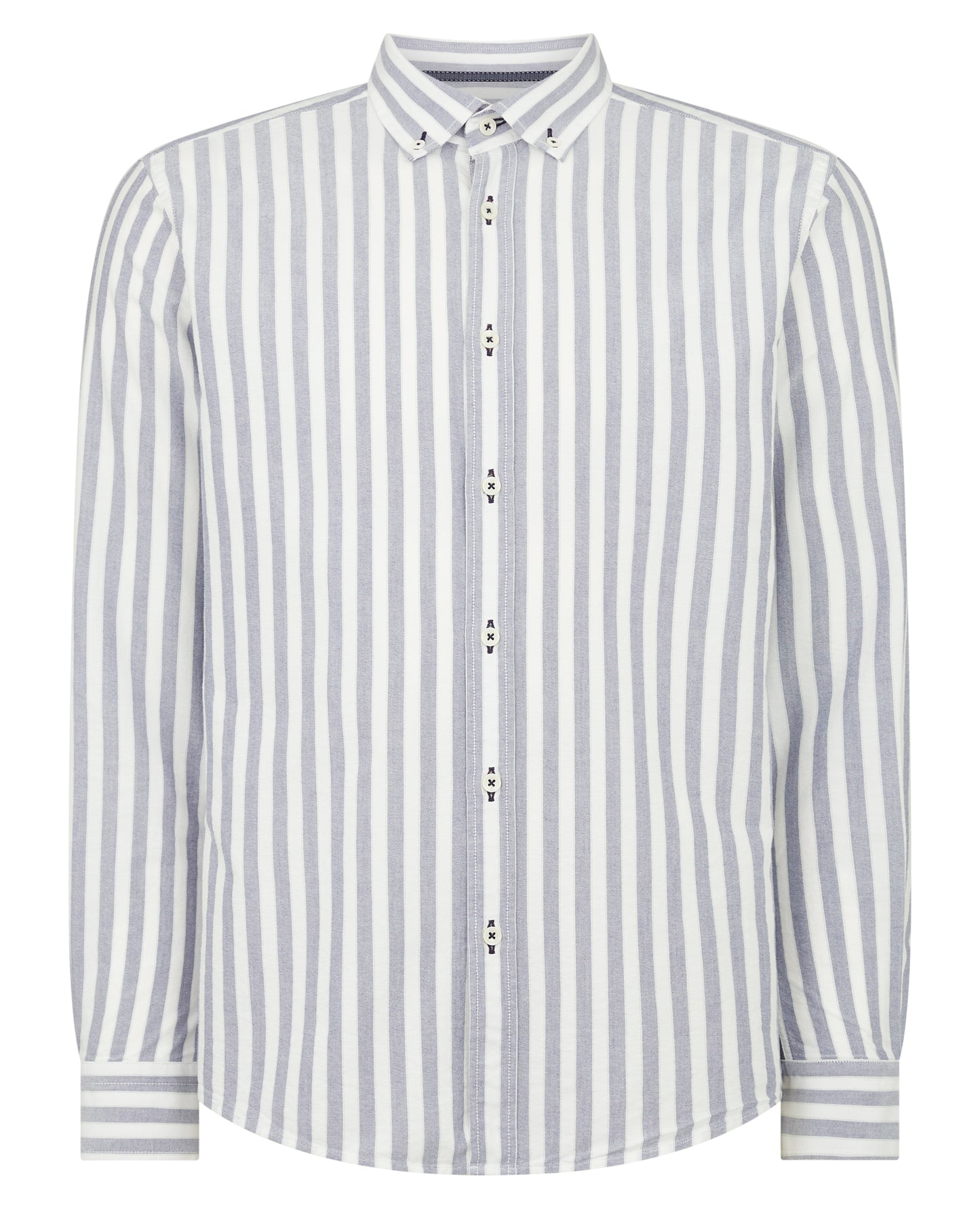 Man wearing a navy Tapered Fit Striped Cotton Shirt