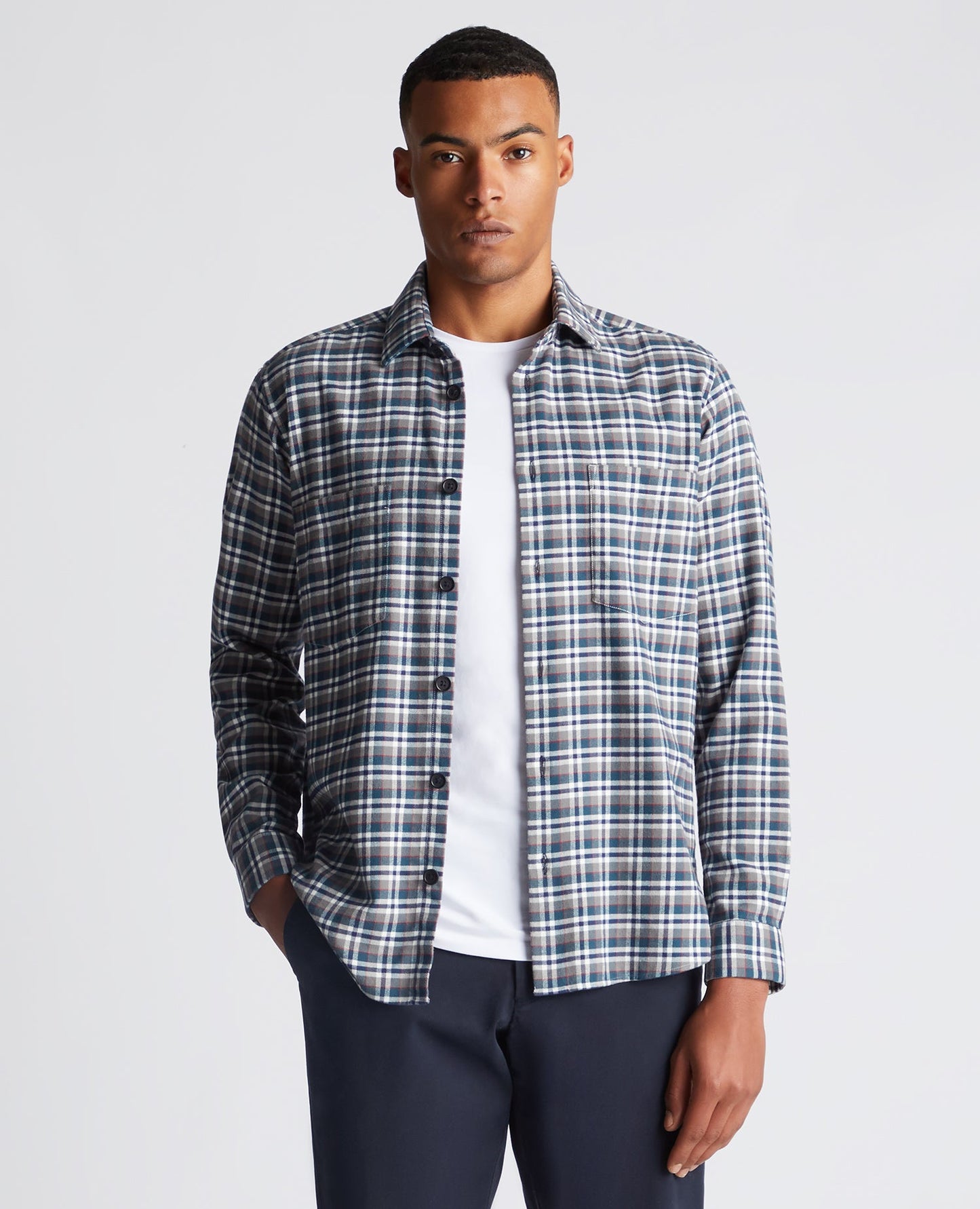 Man wearing a grey Regular Fit Checked Cotton Overshirt