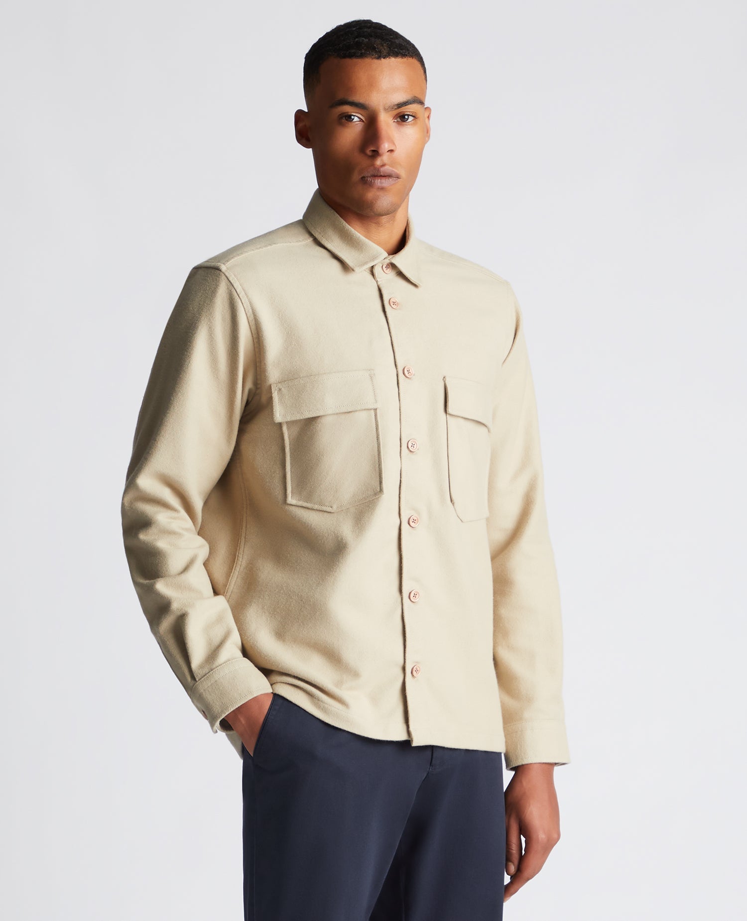 Man wearing a sand Regular Fit Heavyweight Cotton Overshirt