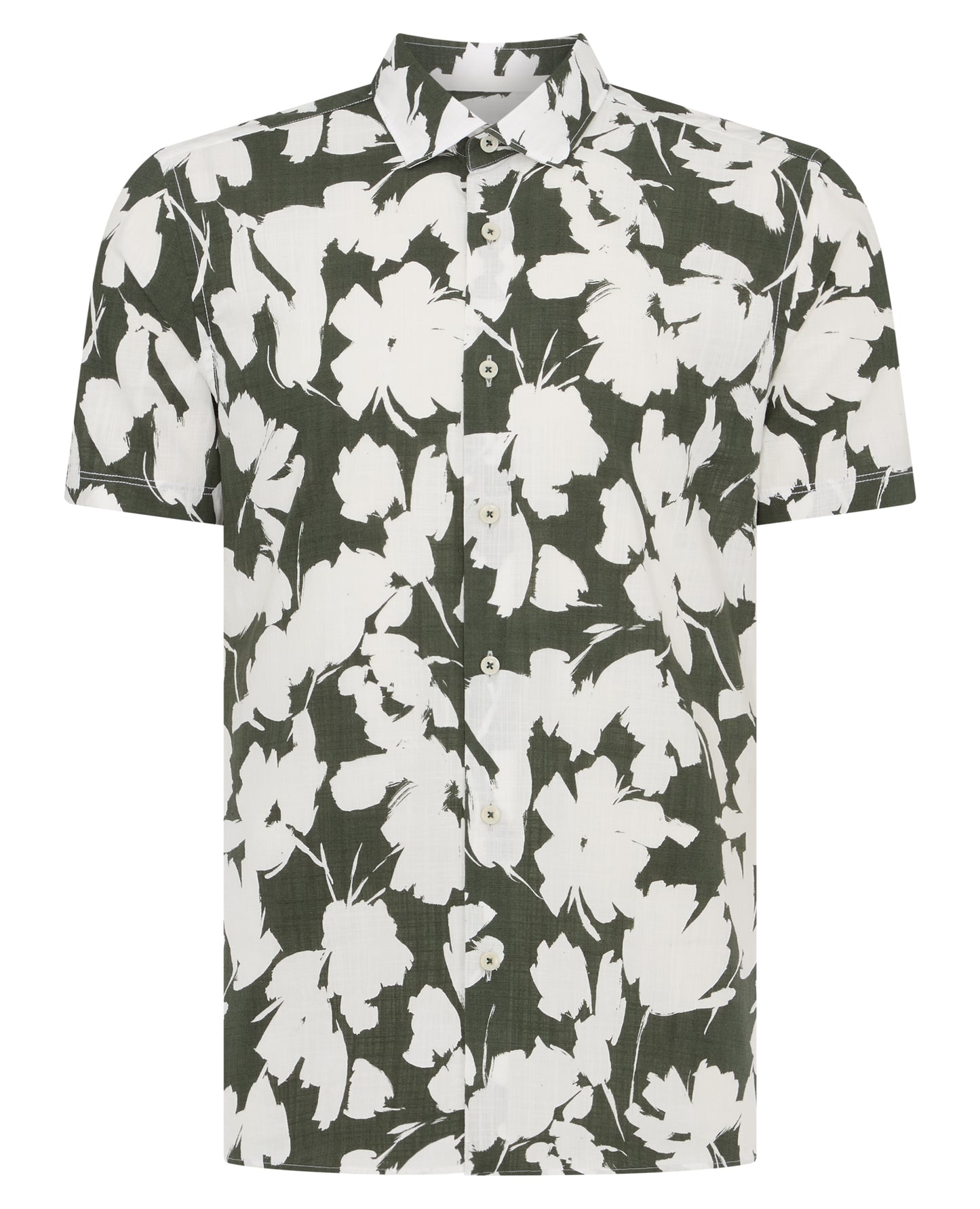 Man wearing a green Tapered Fit Cotton Short Sleeve Print Shirt