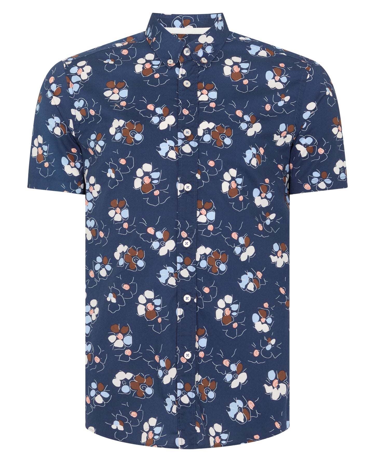 Man wearing a navy Slim Fit Cotton-Stretch Short Sleeve Shirt