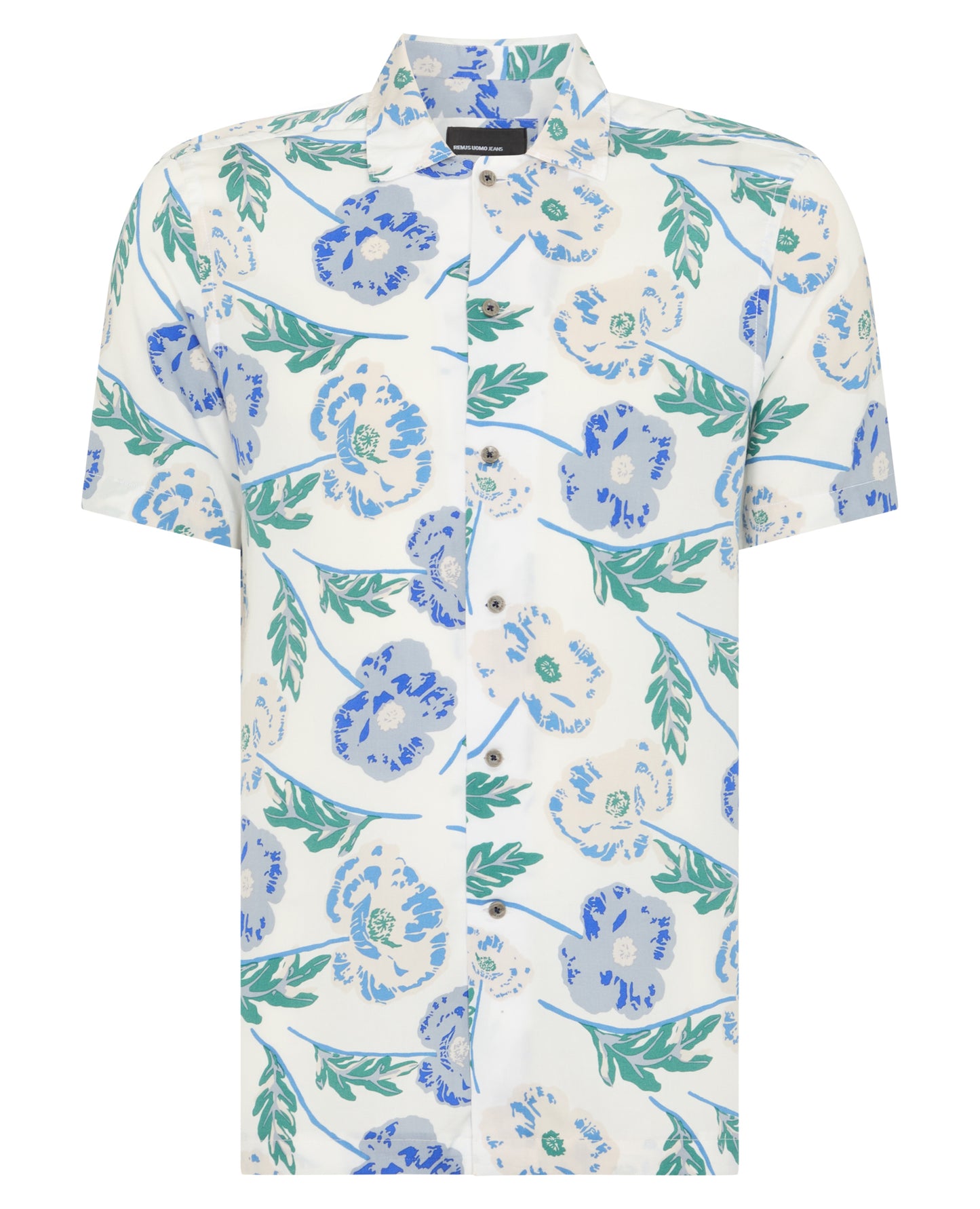 Man wearing a blue Tapered Fit Cotton Short Sleeve Floral Shirt