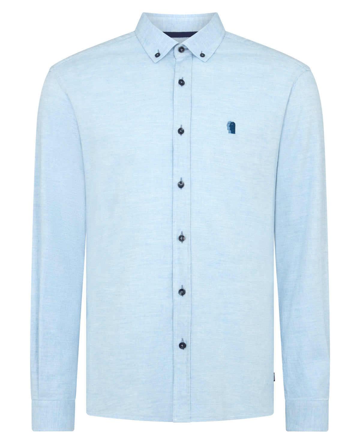 Man wearing a blue Tapered Fit Brushed Cotton Shirt