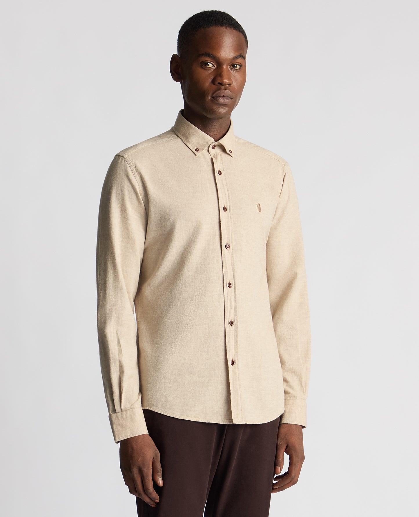 Man wearing a sand Tapered Fit Soft Cotton Shirt