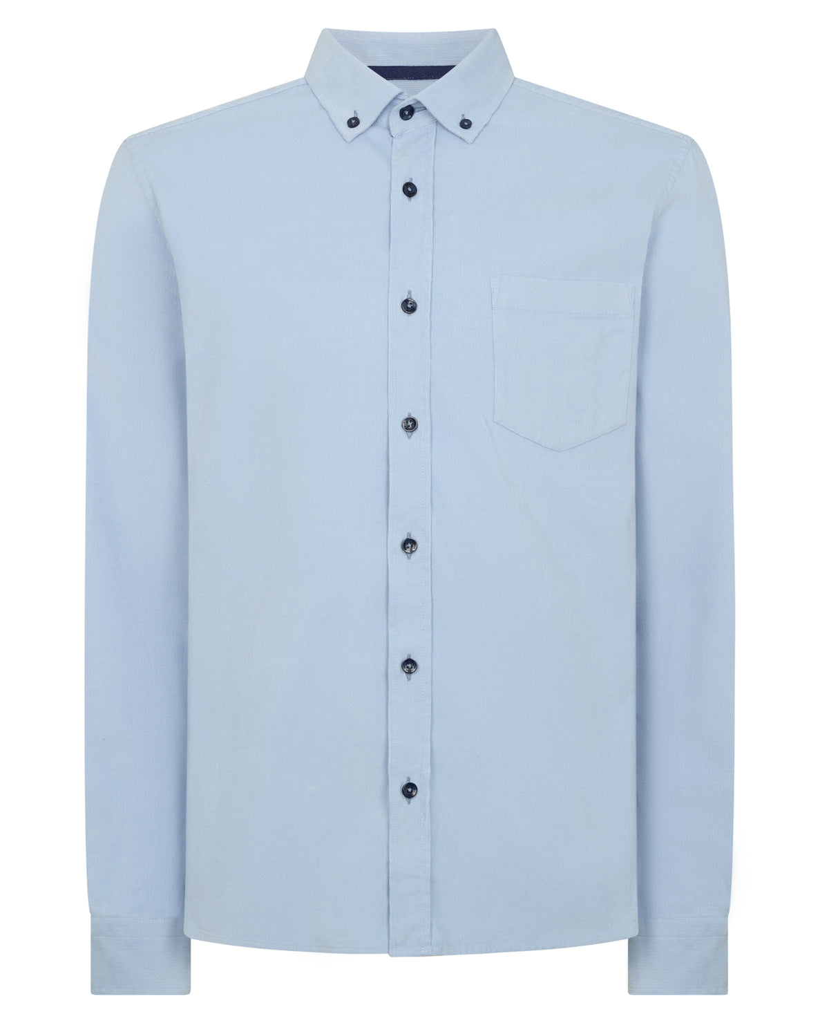 Man wearing a blue Tapered Fit Micro Corduroy Shirt