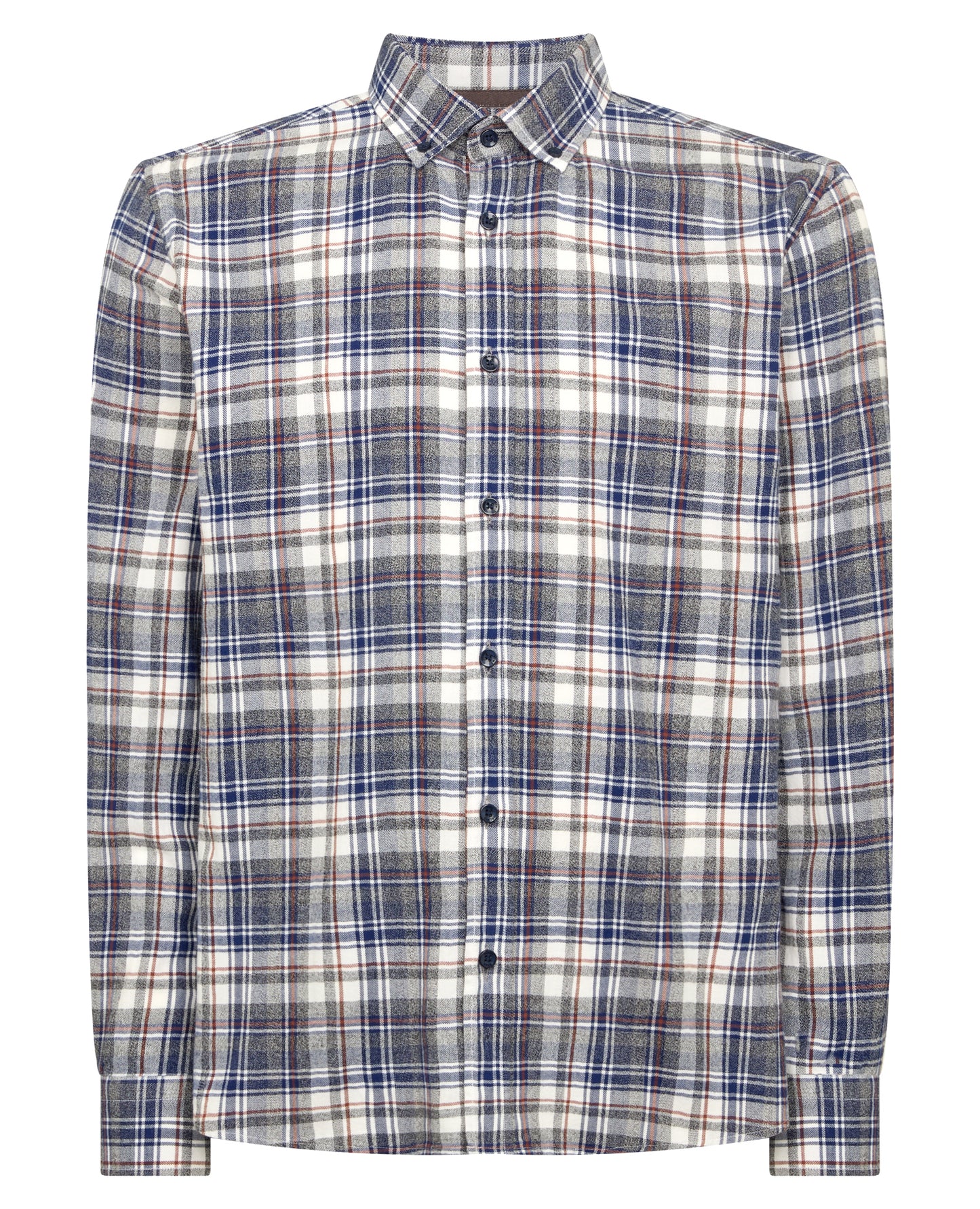 Man wearing a blue Tapered Fit Checked Brushed Cotton Shirt