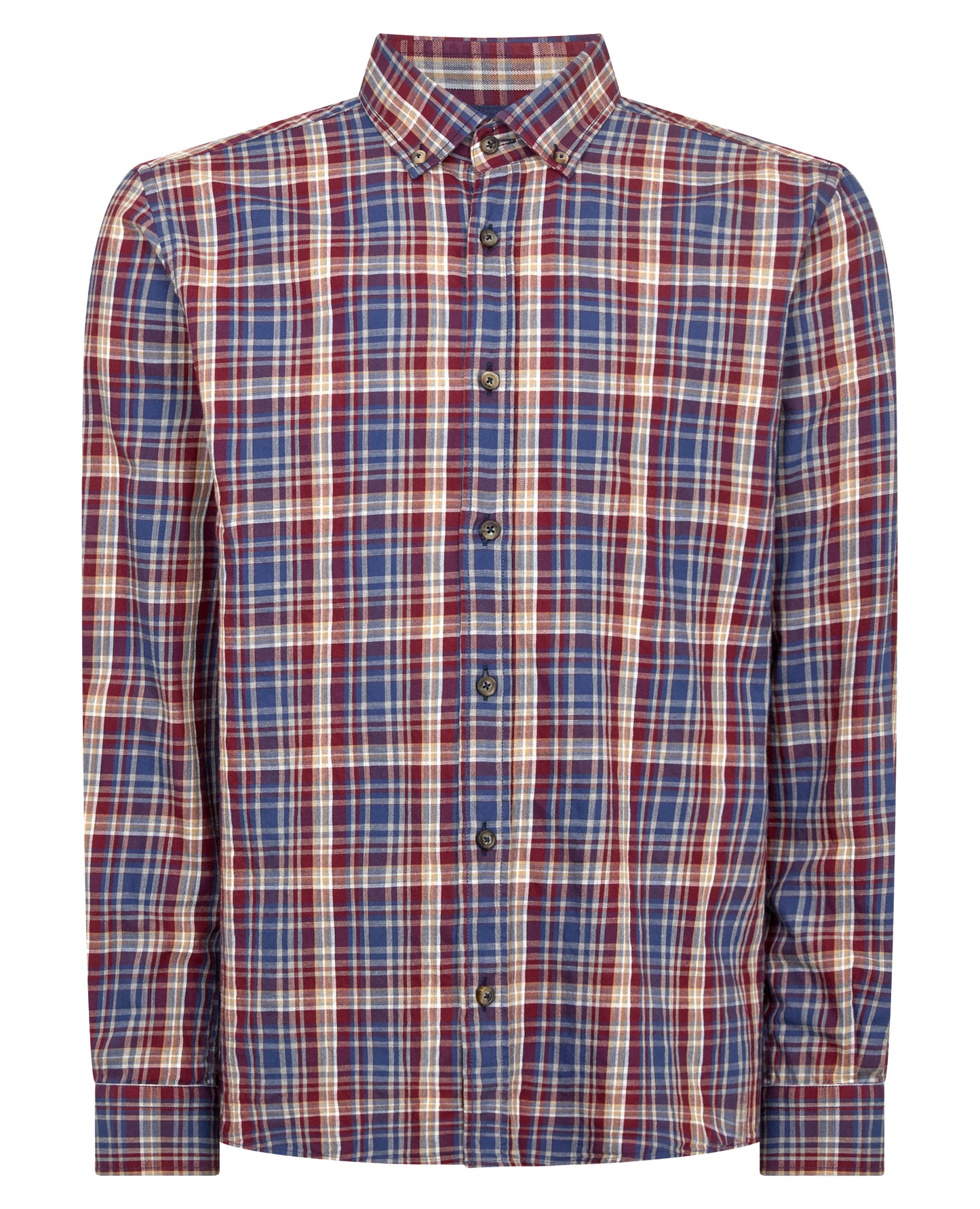 Man wearing a red Tapered Fit Checked Cotton Shirt