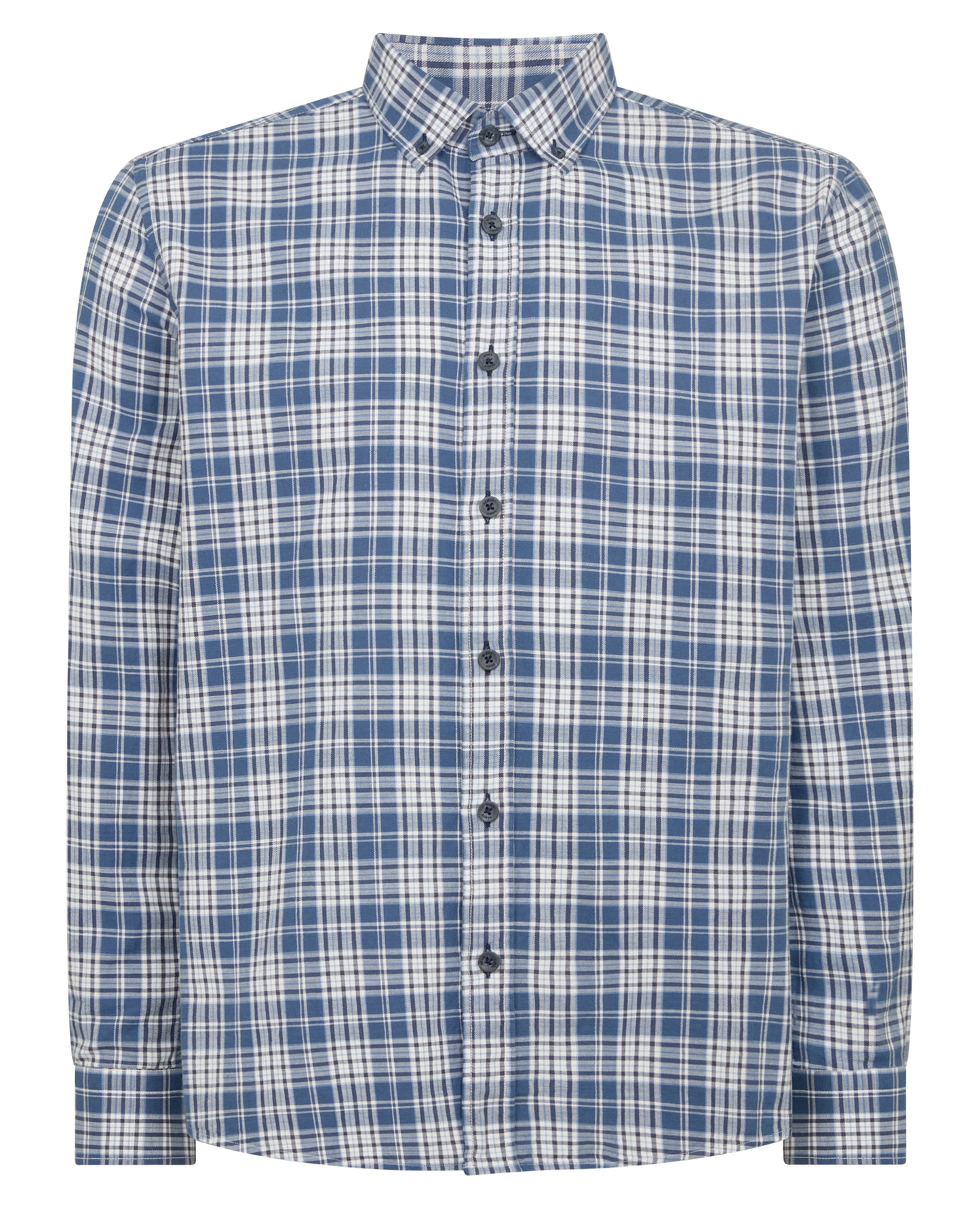 Man wearing a blue Tapered Fit Checked Cotton Shirt