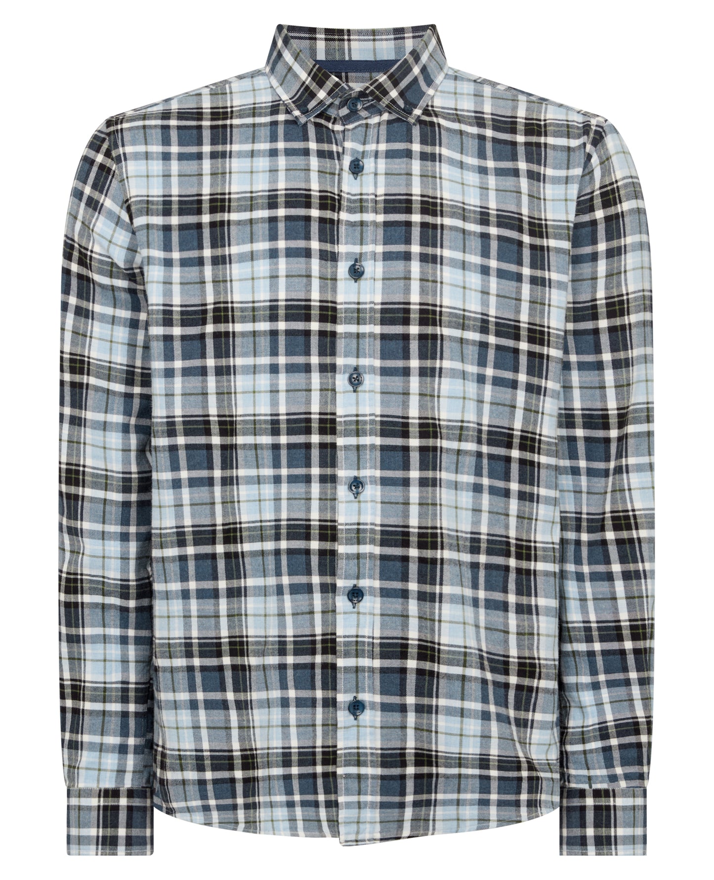 Man wearing a blue Tapered Fit Checked Cotton Shirt