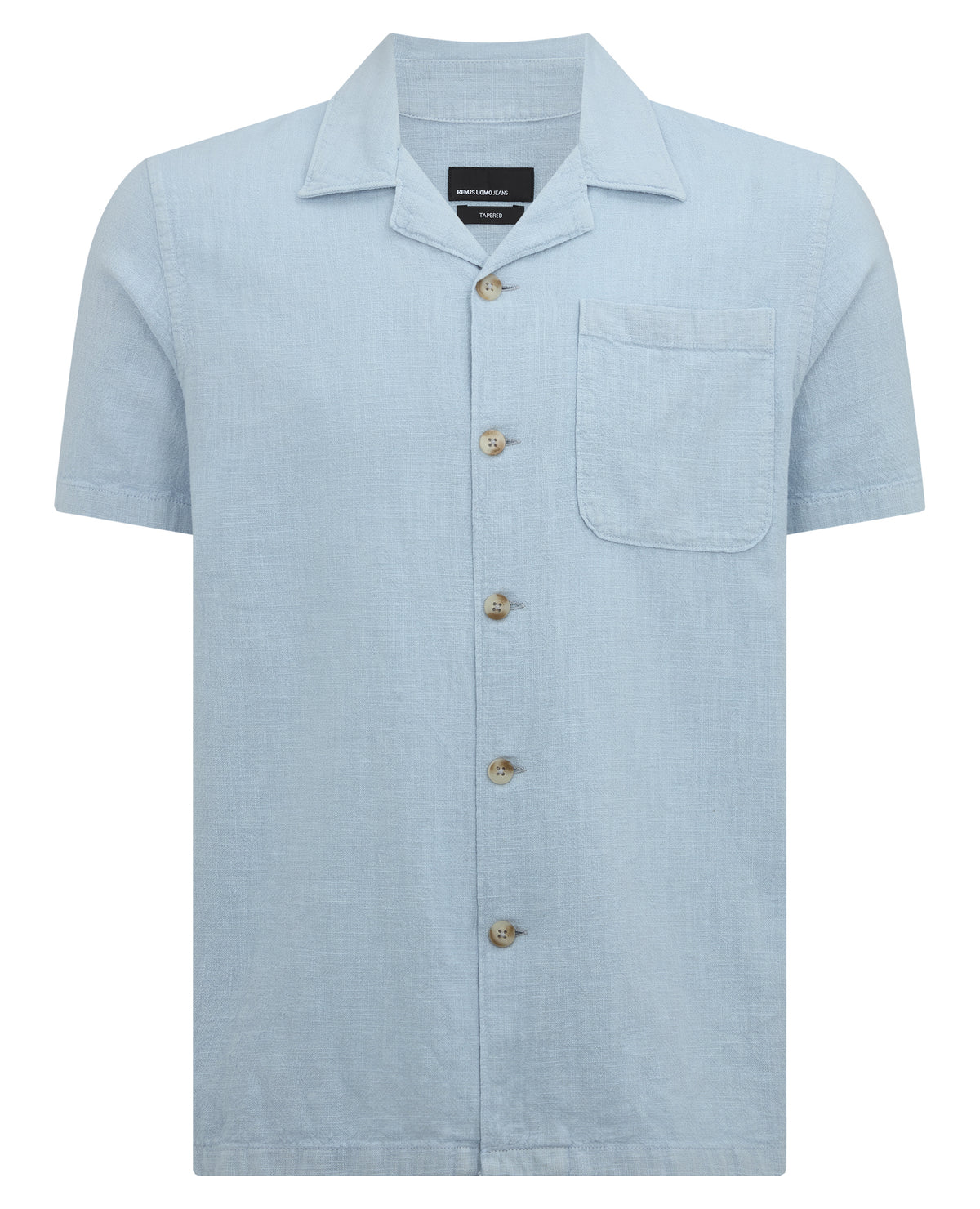 Man wearing a blue Tapered Fit Cotton-Linen Shirt