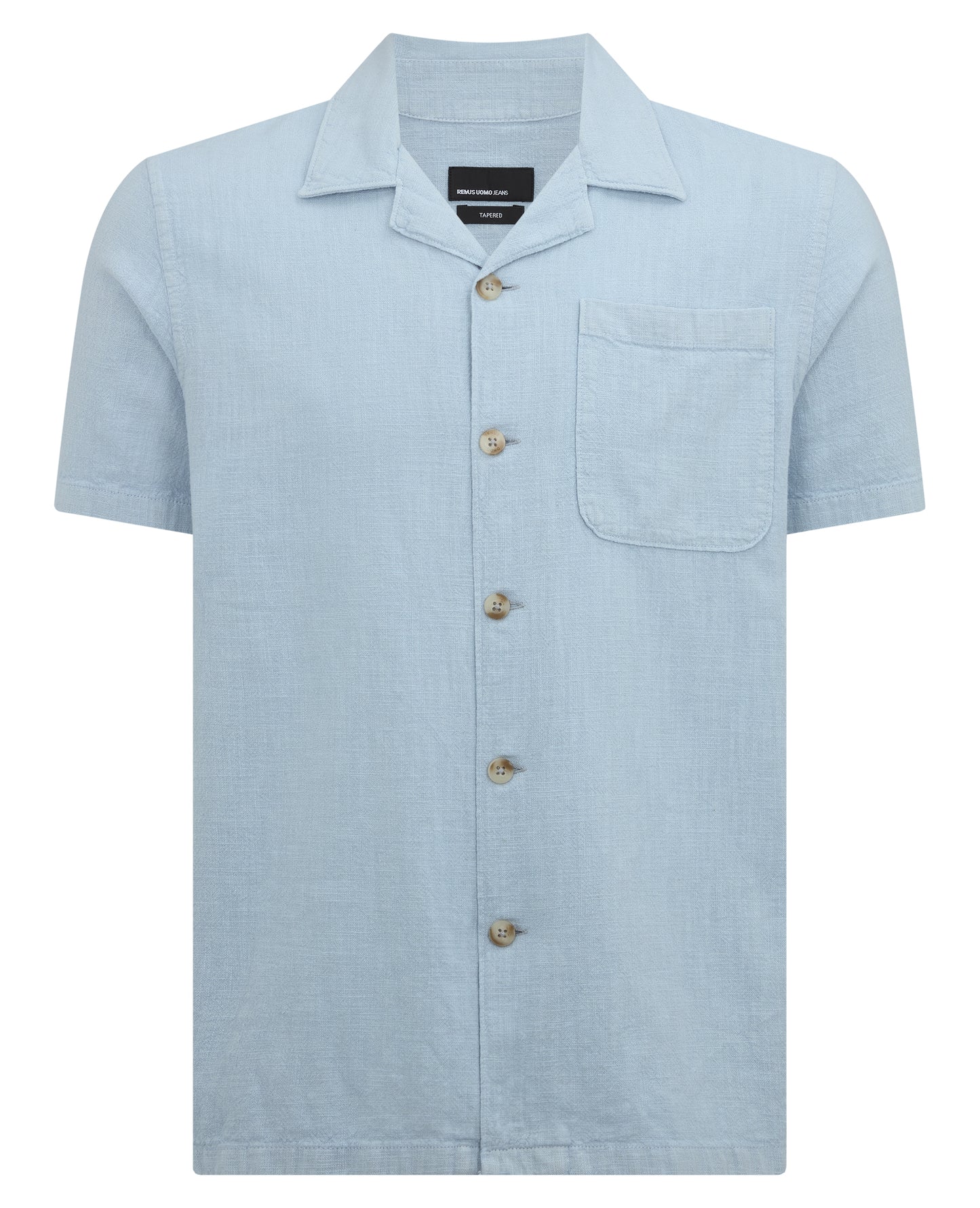 Man wearing a blue Tapered Fit Cotton-Linen Shirt