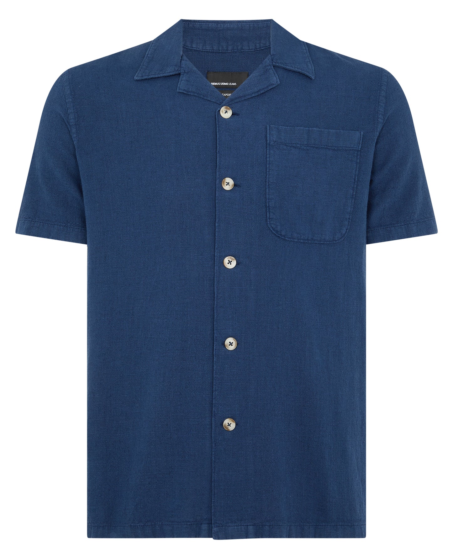 Man wearing a blue Tapered Fit Cotton-Linen Shirt