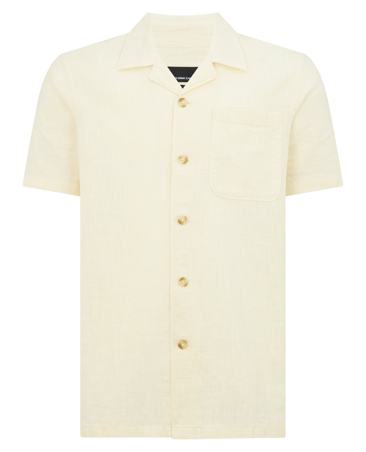 Man wearing a sand Tapered Fit Cotton-Linen Shirt