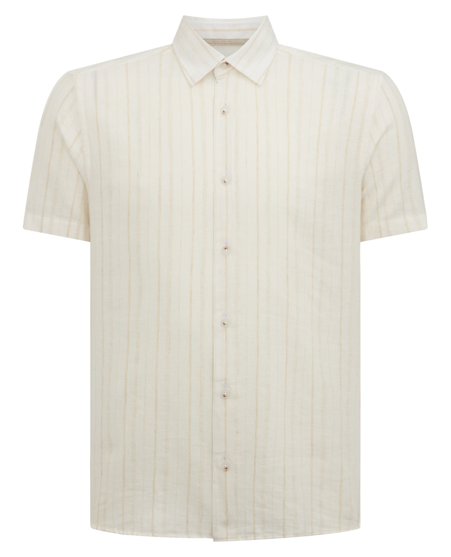Man wearing a sand Slim Fit Striped Organic Cotton-Linen Shirt