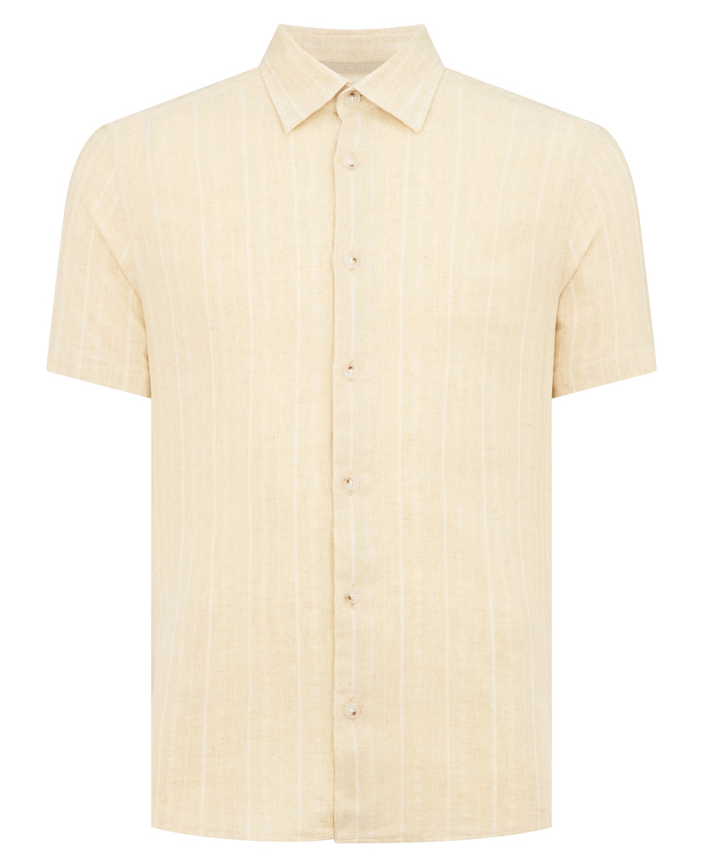 Man wearing a sand Slim Fit Striped Organic Cotton-Linen Shirt
