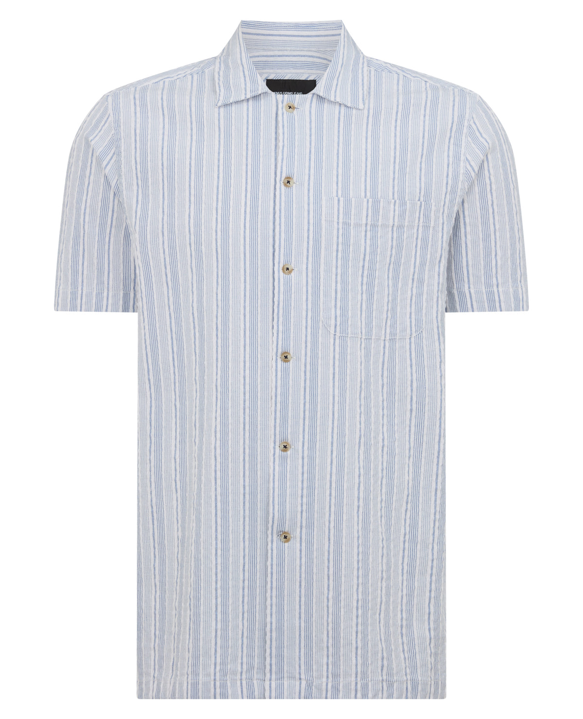 Man wearing a blue Tapered Fit Striped Seersucker Shirt