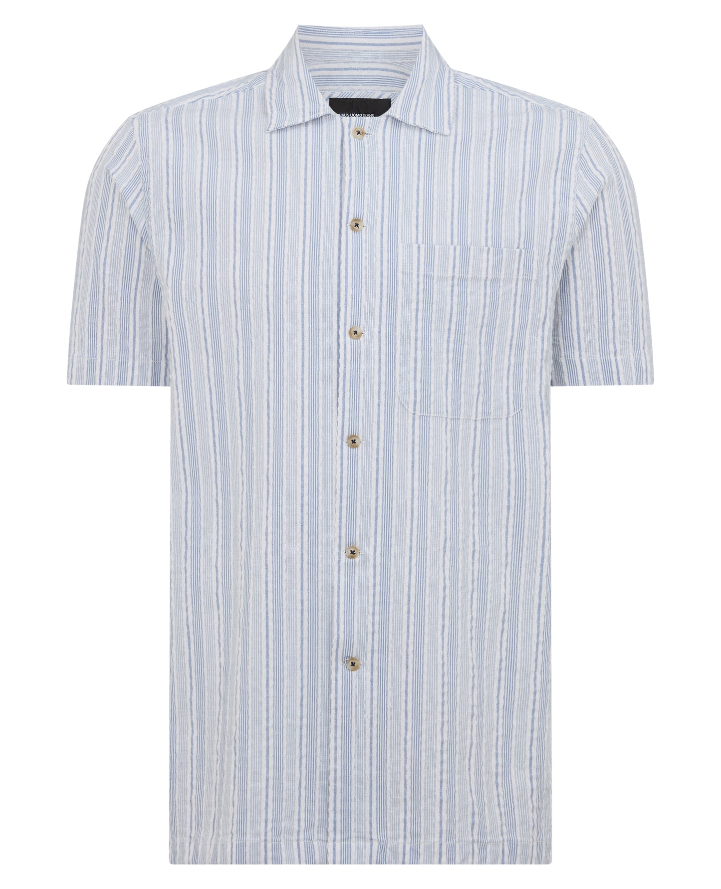 Man wearing a blue Tapered Fit Striped Seersucker Shirt