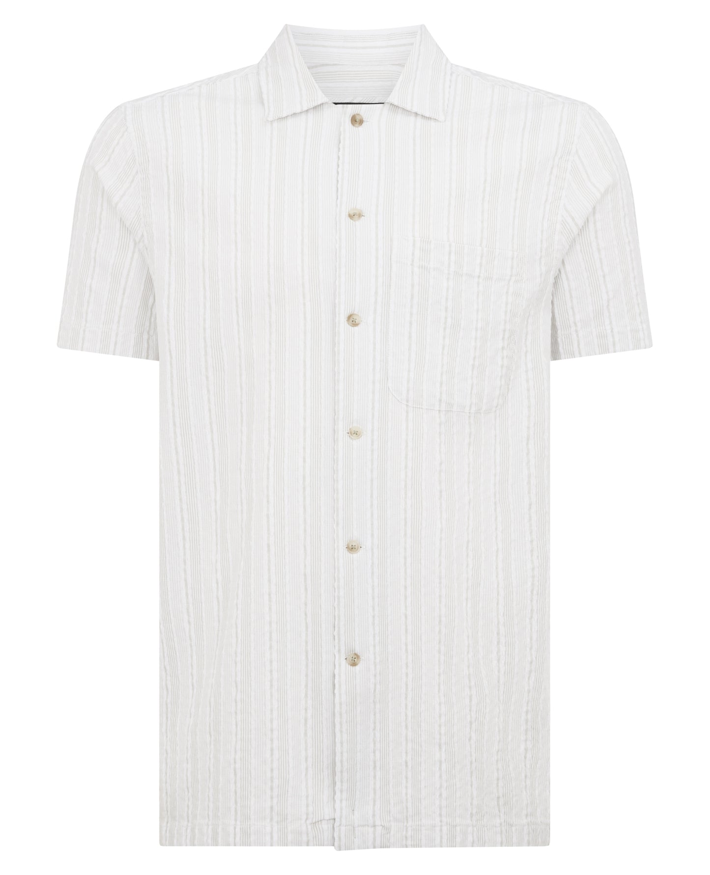 Man wearing a green Tapered Fit Striped Seersucker Shirt