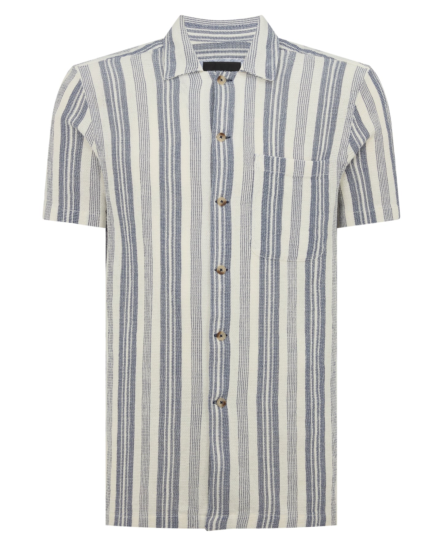 Man wearing a navy Tapered Fit Woven Cotton Striped Shirt