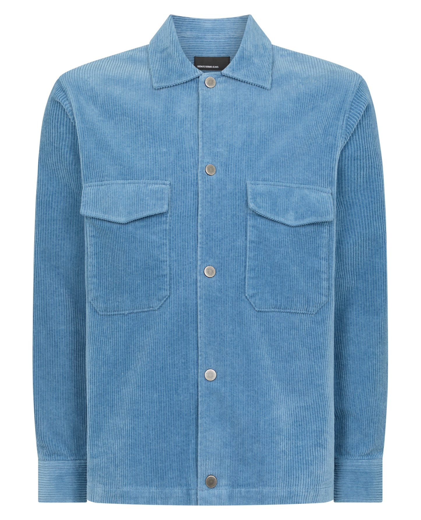 Man wearing a blue Tapered Fit Corduroy Overshirt
