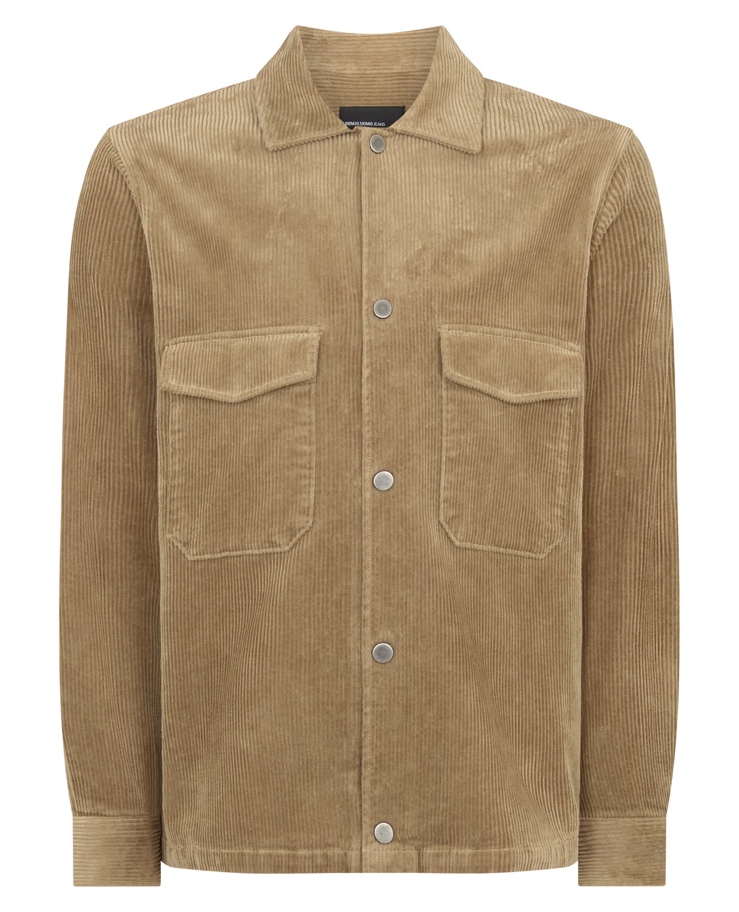 Man wearing a sand Tapered Fit Corduroy Overshirt