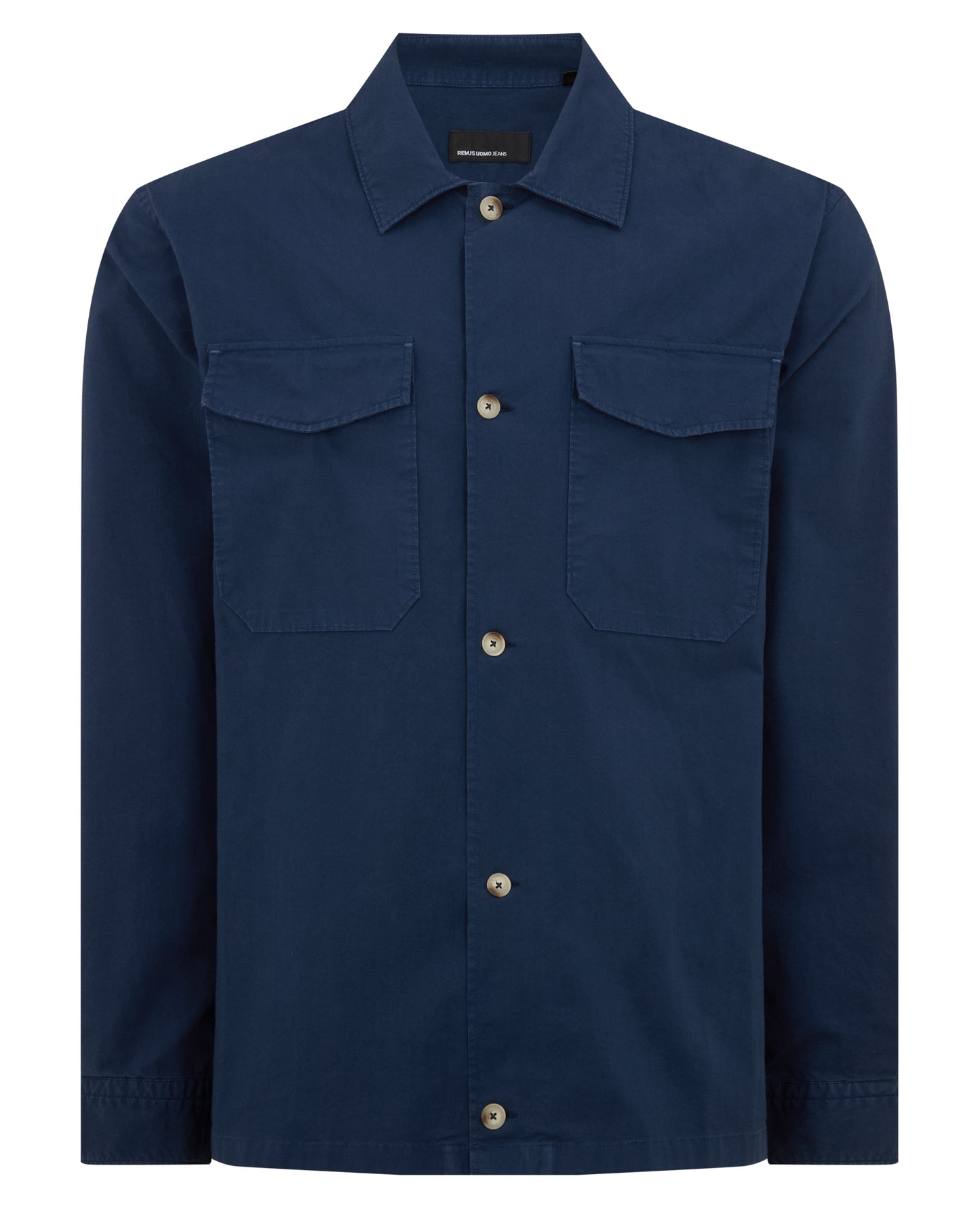 Man wearing a navy Regular Fit Cotton-Stretch Overshirt