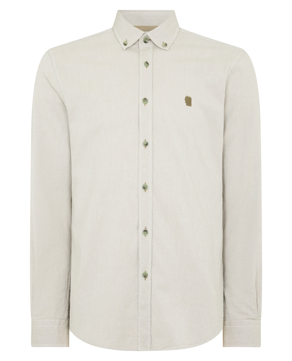 Man wearing a green Tapered Fit Oxford Cotton Shirt