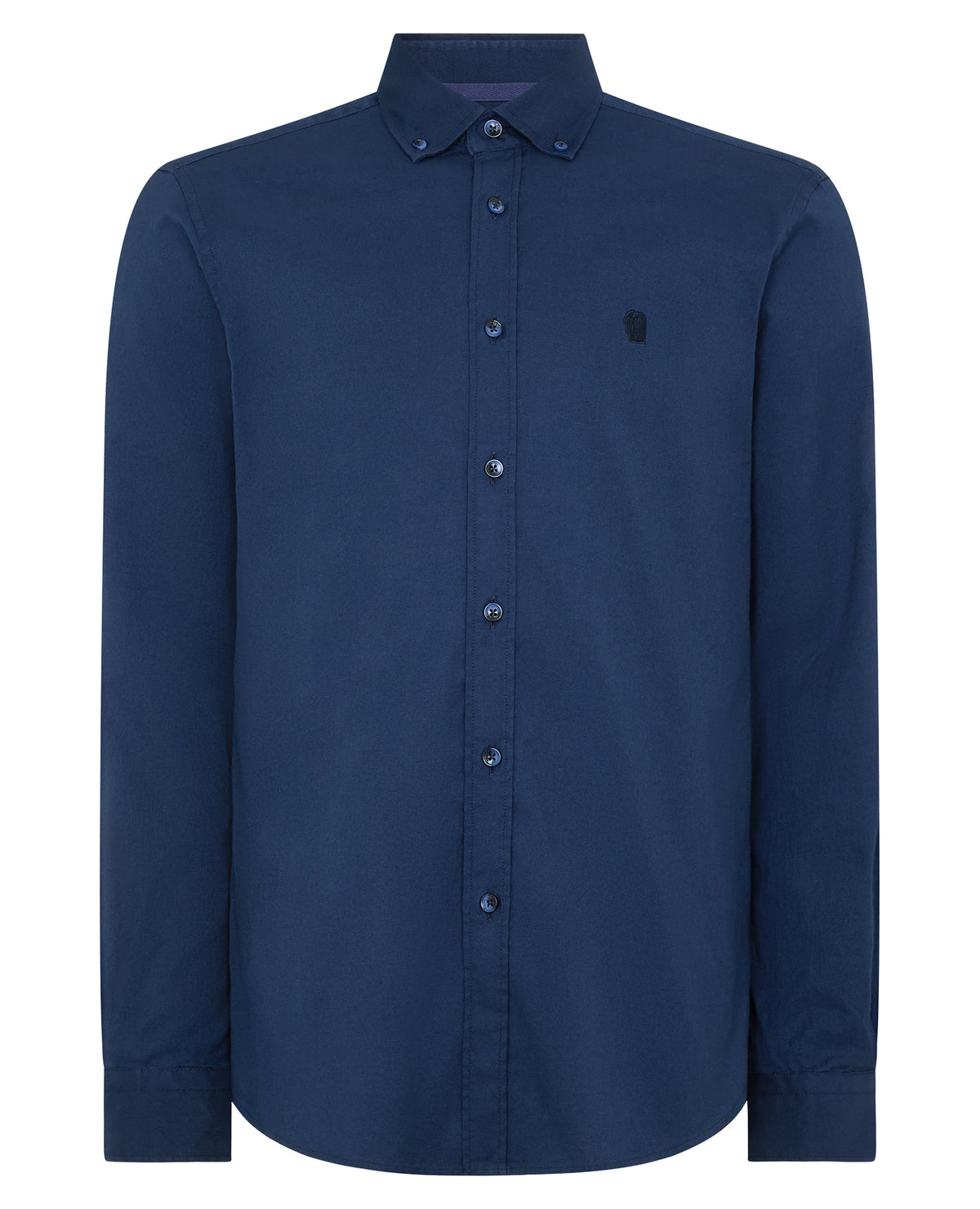 Man wearing a navy Tapered Fit Oxford Cotton Shirt